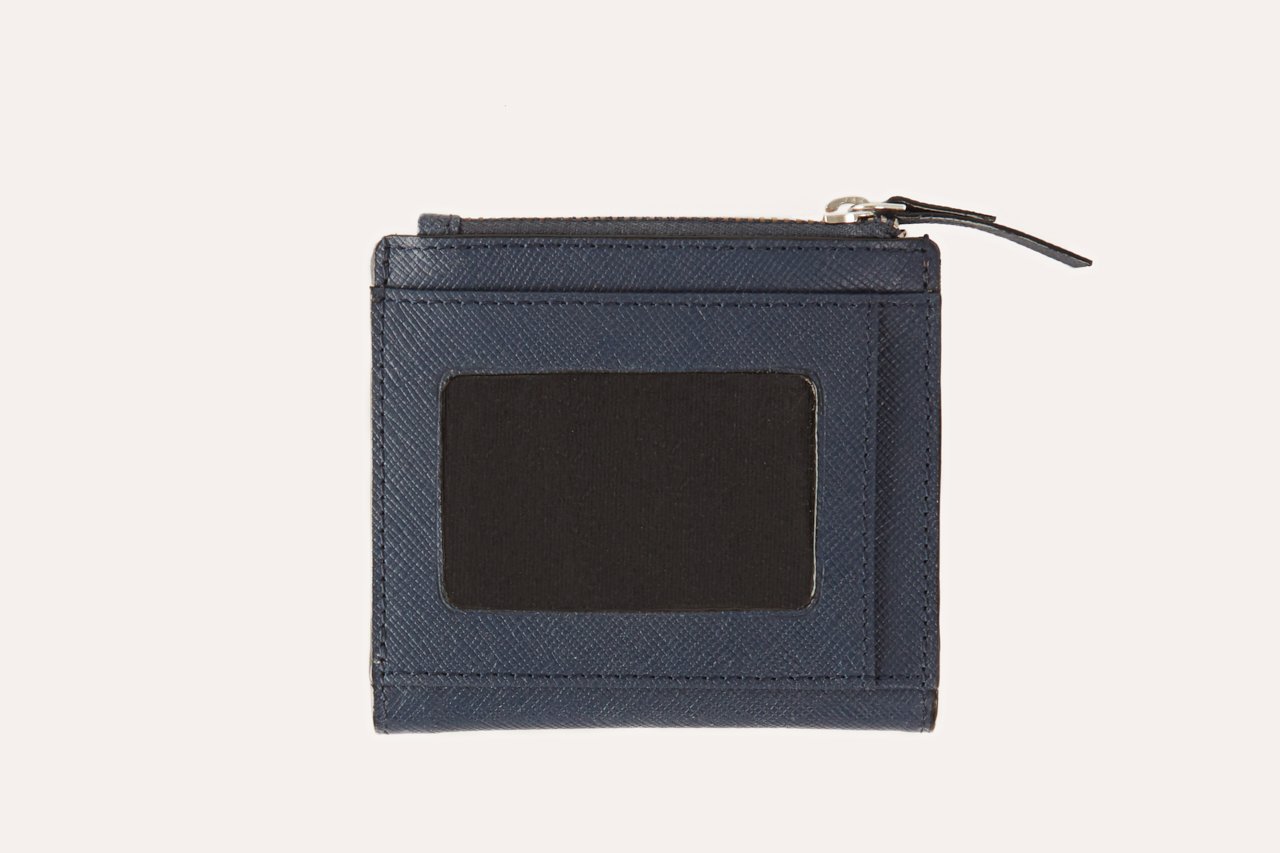 A stylish Coin Purse Wallet made from genuine Saffiano leather, featuring an ID window, zipper coin slot, and multiple card slots.