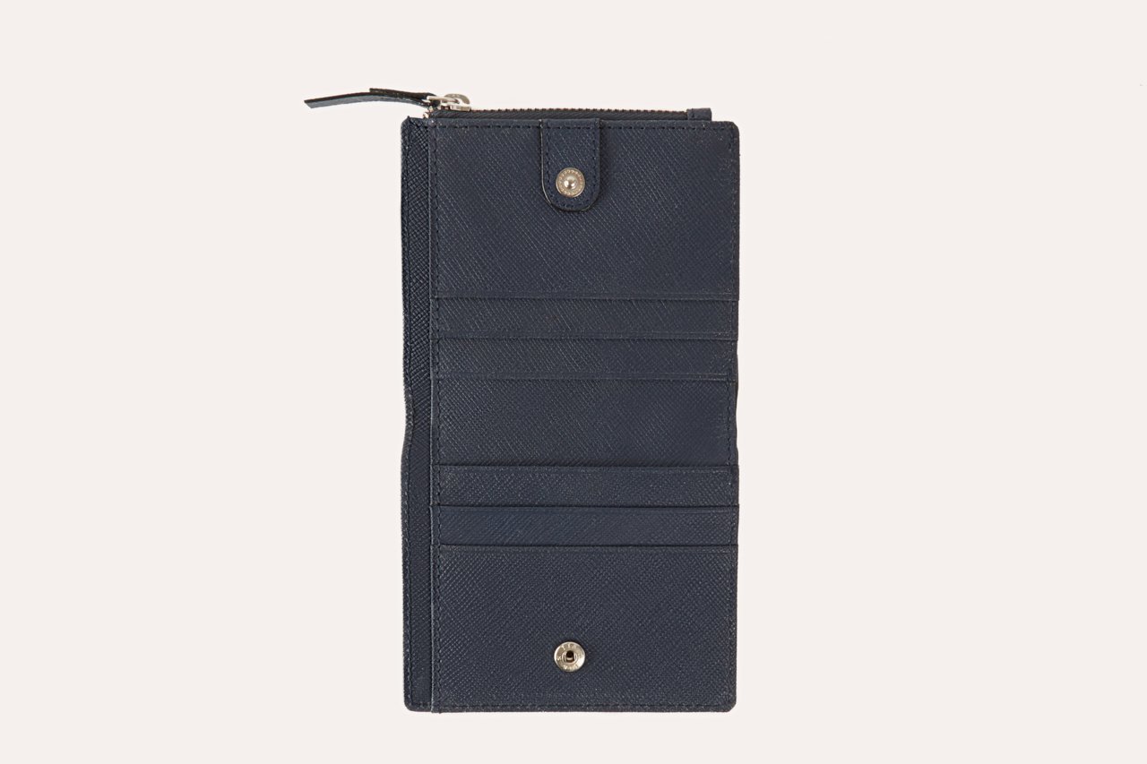 A stylish Coin Purse Wallet made from genuine Saffiano leather, featuring an ID window, zipper coin slot, and multiple card slots.