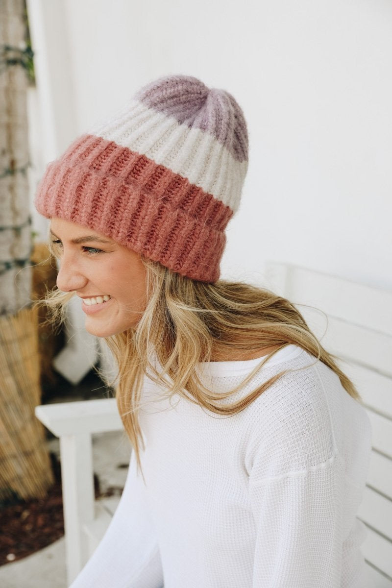 Color Block Knit Beanie featuring vibrant colors and a cozy knit design, perfect for winter wear.