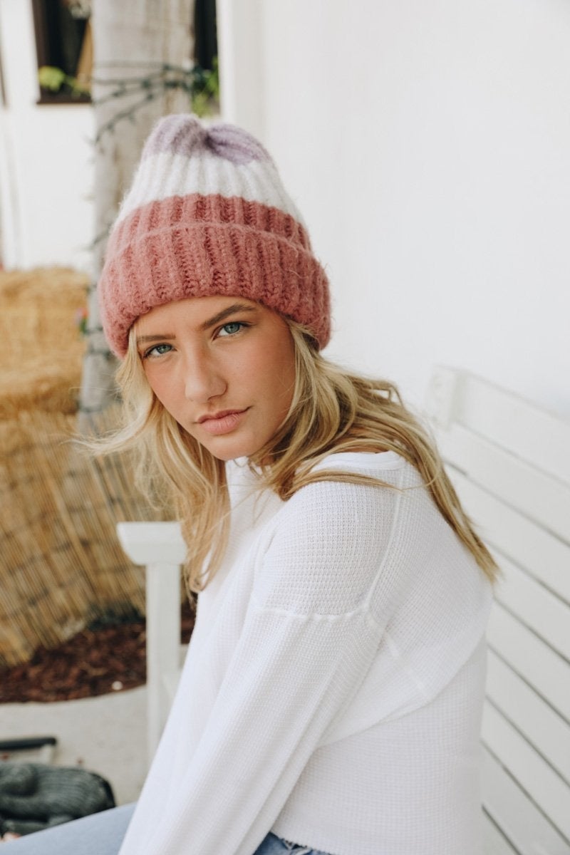 Color Block Knit Beanie featuring vibrant colors and a cozy knit design, perfect for winter wear.