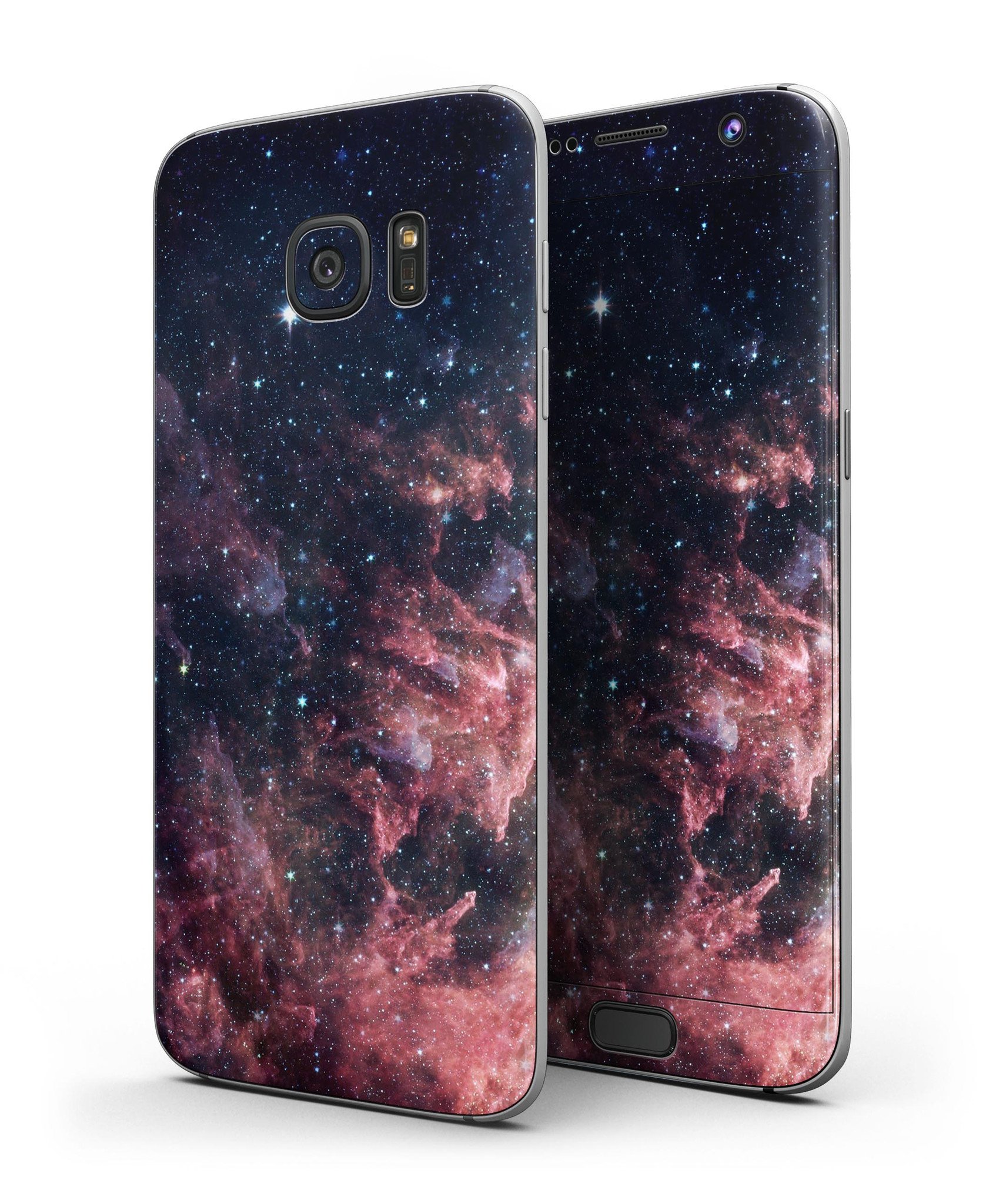 Colorful Deep Space Nebula skin kit for Samsung Galaxy S7 and S7 Edge, showcasing vibrant nebula design and premium vinyl material.