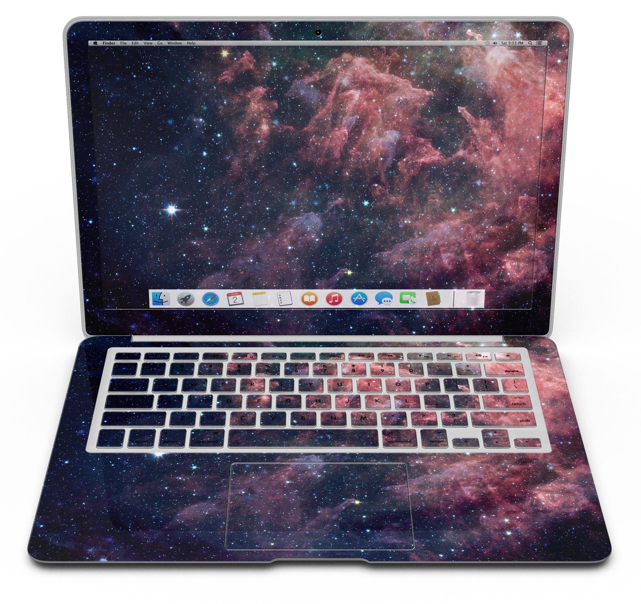 Colorful Deep Space Nebula skin kit for MacBook Air, showcasing vibrant cosmic design and premium vinyl material.