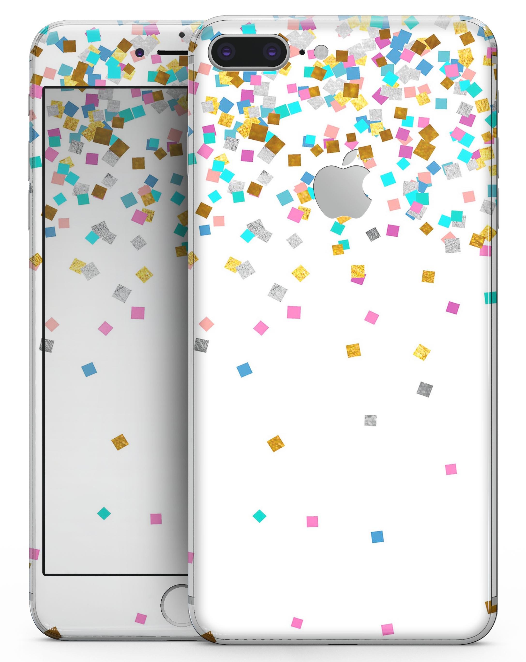 Colorful falling blocks skin for iPhone 8 and 8 Plus, showcasing vibrant colors and patterns on a white background.