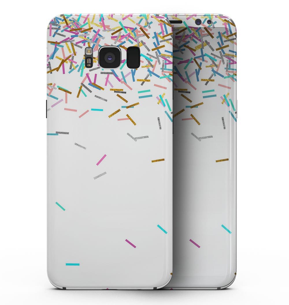 Colorful Falling Candy Sticks skin kit for Samsung Galaxy S8, showcasing vibrant colors and design on a sleek vinyl material.