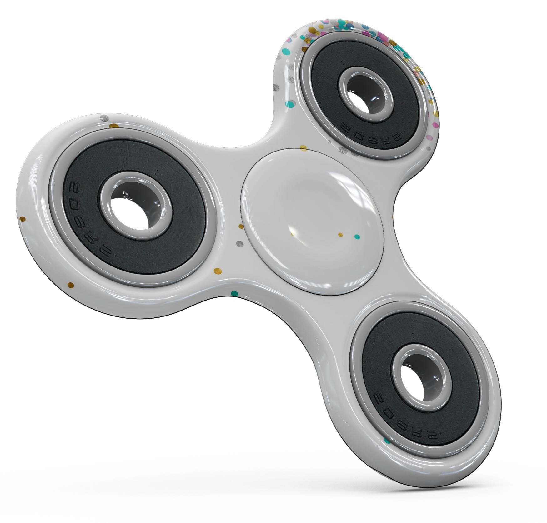 Colorful falling confetti design on a white fidget spinner skin kit, showcasing vibrant colors and a full-body fit.