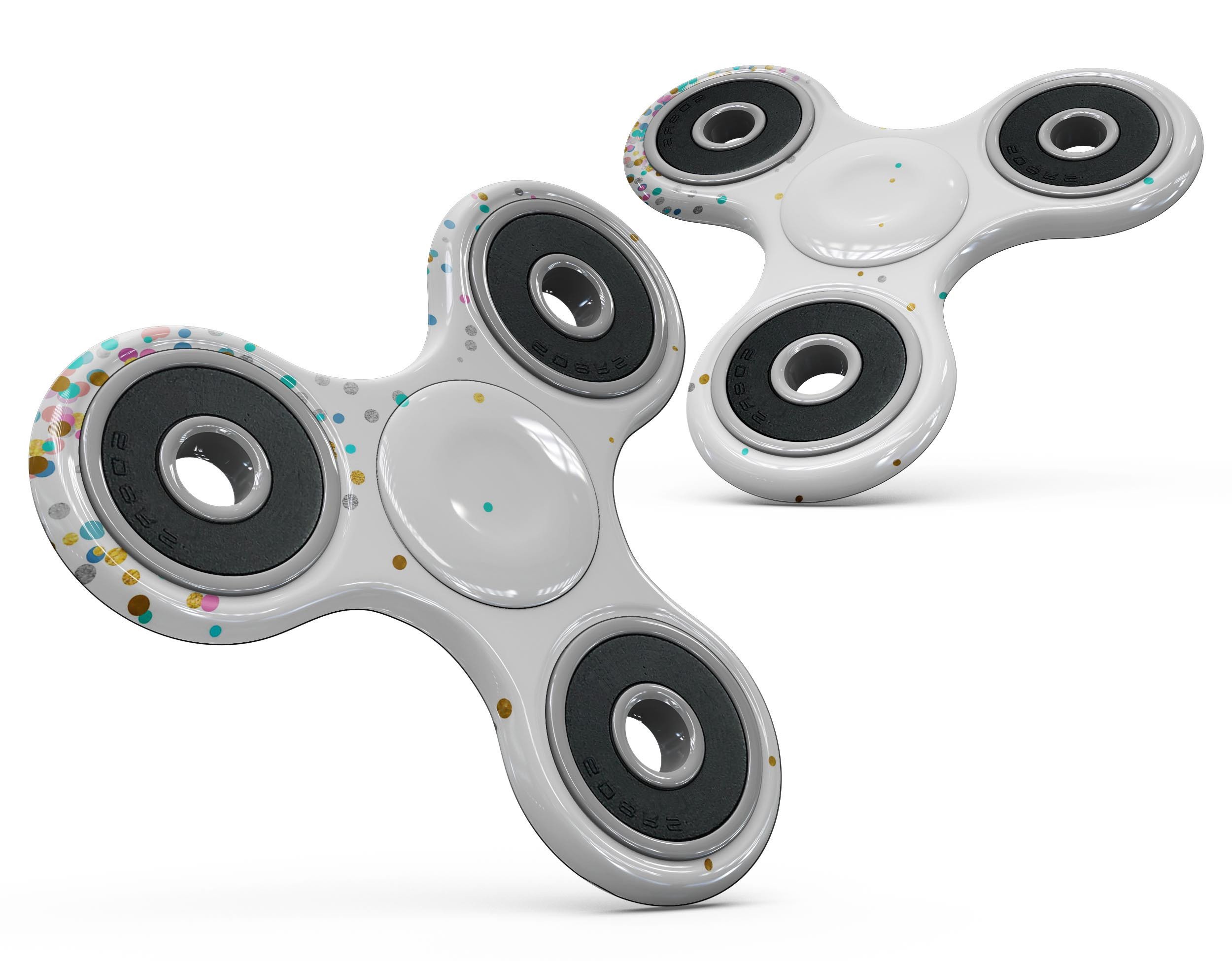 Colorful falling confetti design on a white fidget spinner skin kit, showcasing vibrant colors and a full-body fit.