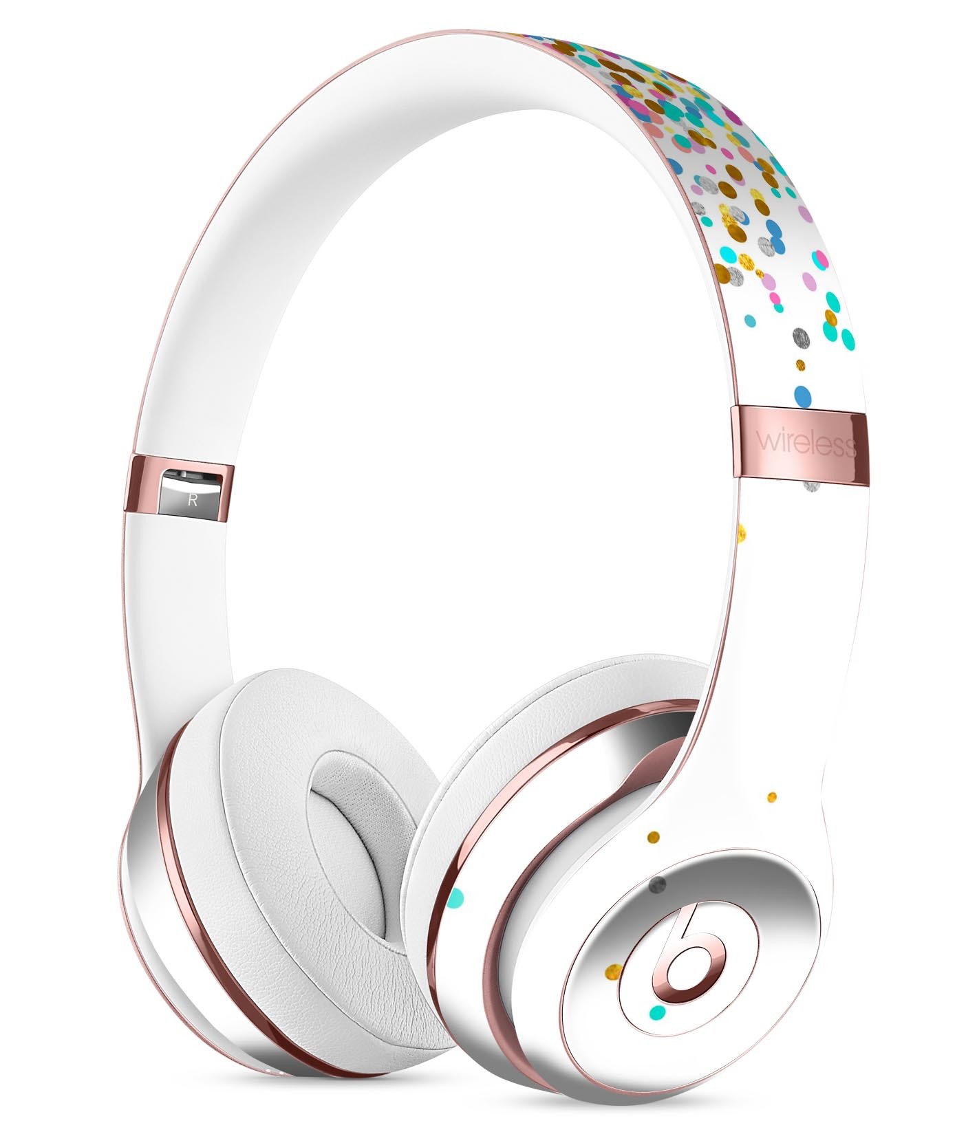 Colorful falling confetti design skin for Beats by Dre Solo 3 Wireless Headphones, showcasing vibrant colors and a protective vinyl layer.