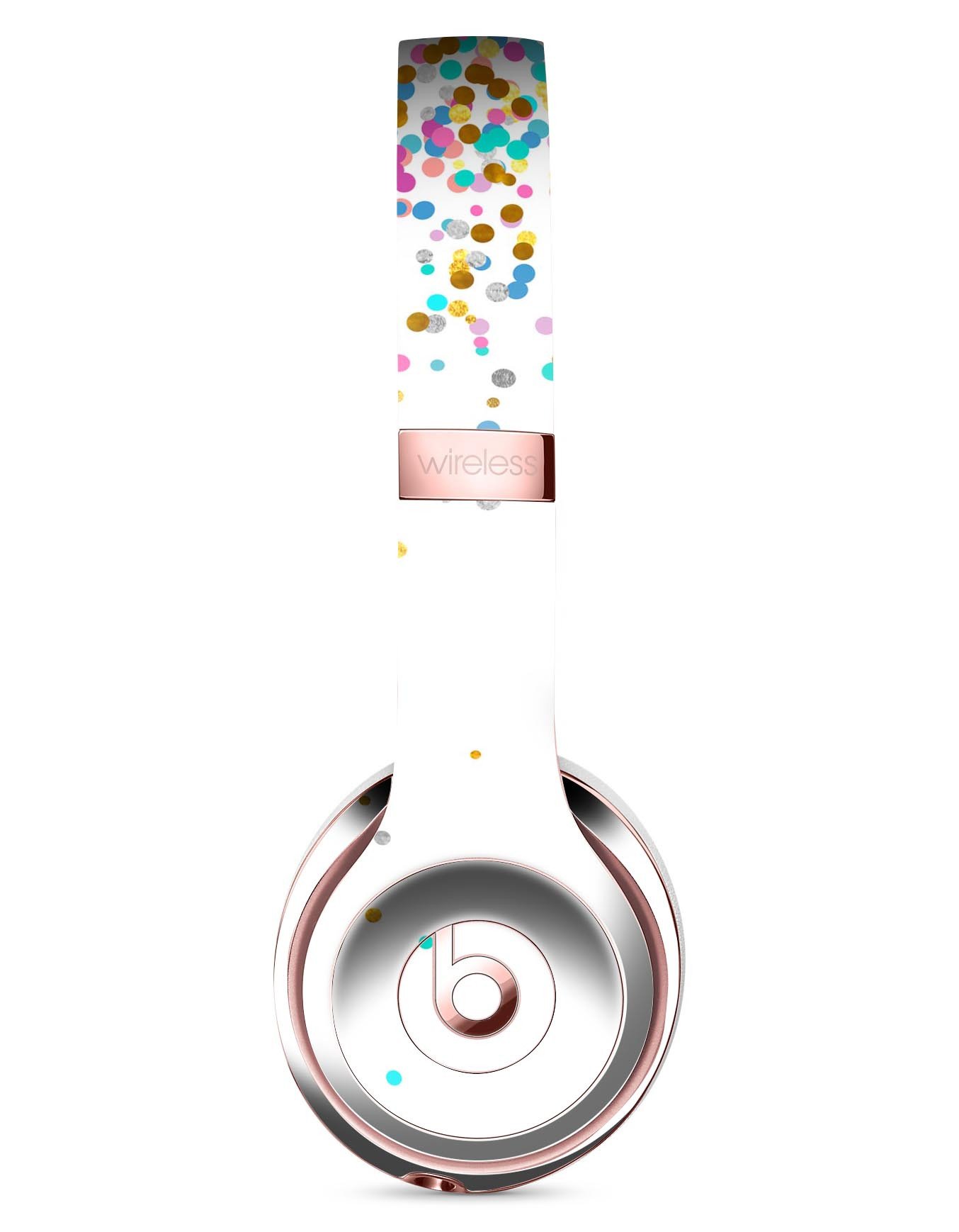 Colorful falling confetti design skin for Beats by Dre Solo 3 Wireless Headphones, showcasing vibrant colors and a protective vinyl layer.