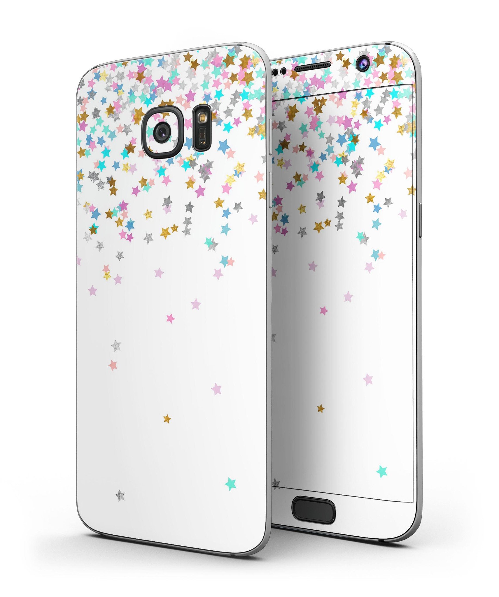 Colorful Falling Stars Skin-Kit for Samsung Galaxy S7/S7 Edge, showcasing vibrant star designs on a white background.