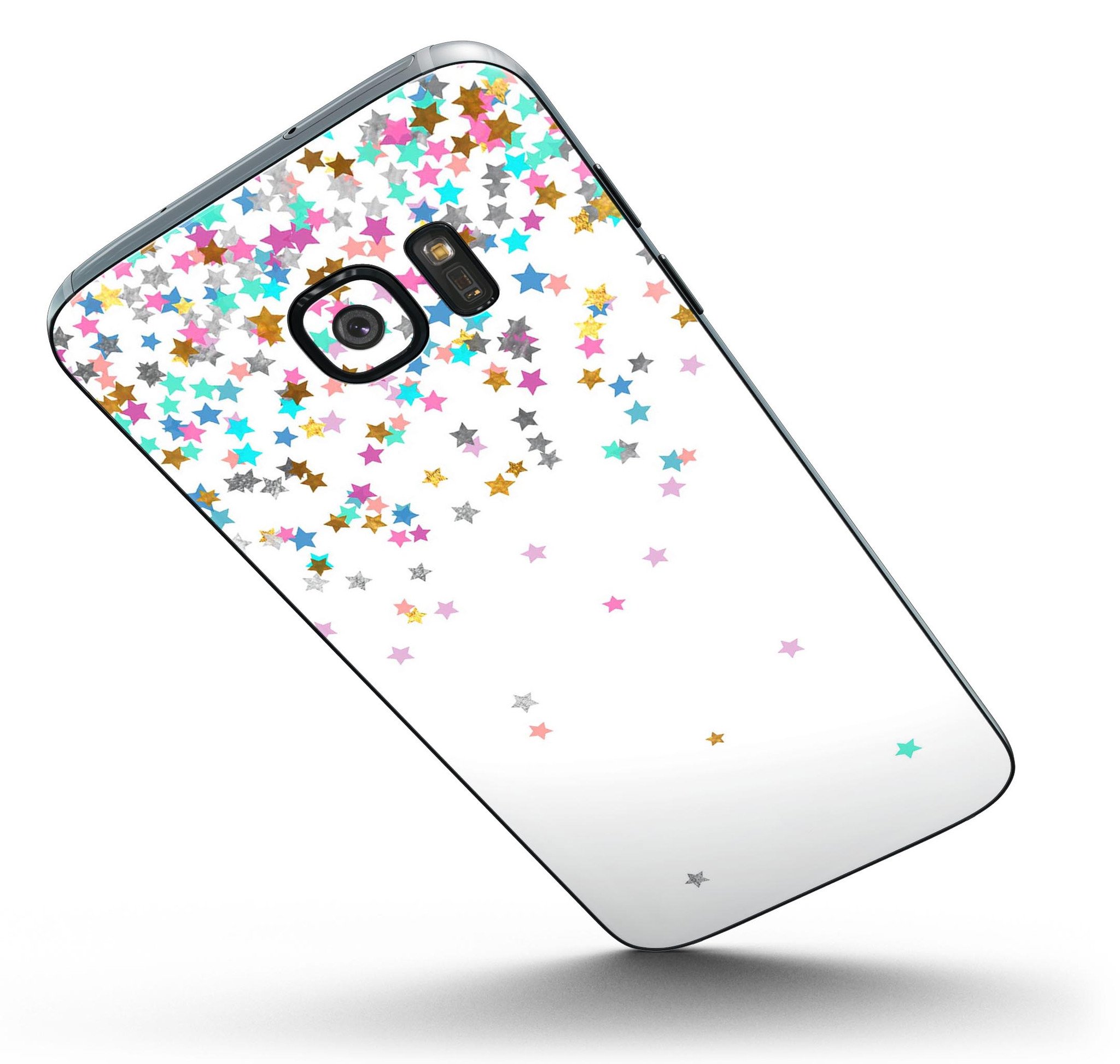 Colorful Falling Stars Skin-Kit for Samsung Galaxy S7/S7 Edge, showcasing vibrant star designs on a white background.