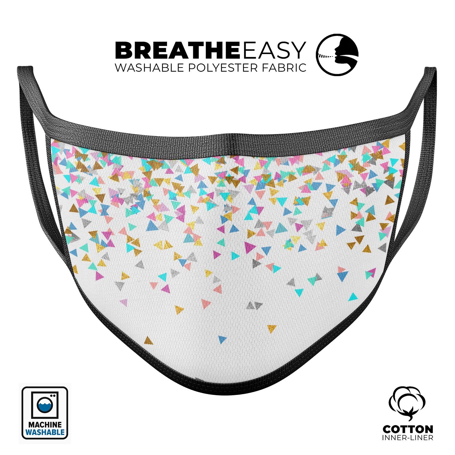 Colorful Falling Triangles mouth cover, unisex anti-dust mask made in the USA, featuring adjustable ear loops and a soft cotton interior.