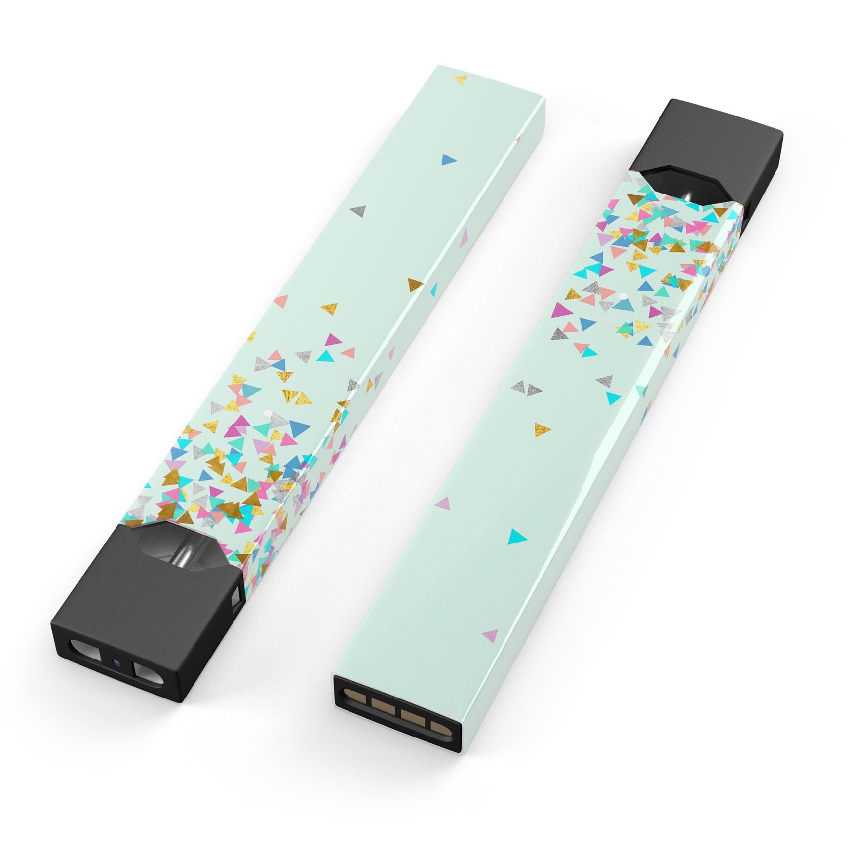 Colorful Falling Triangles decal on a mint background, designed for JUUL vaping device protection and personalization.