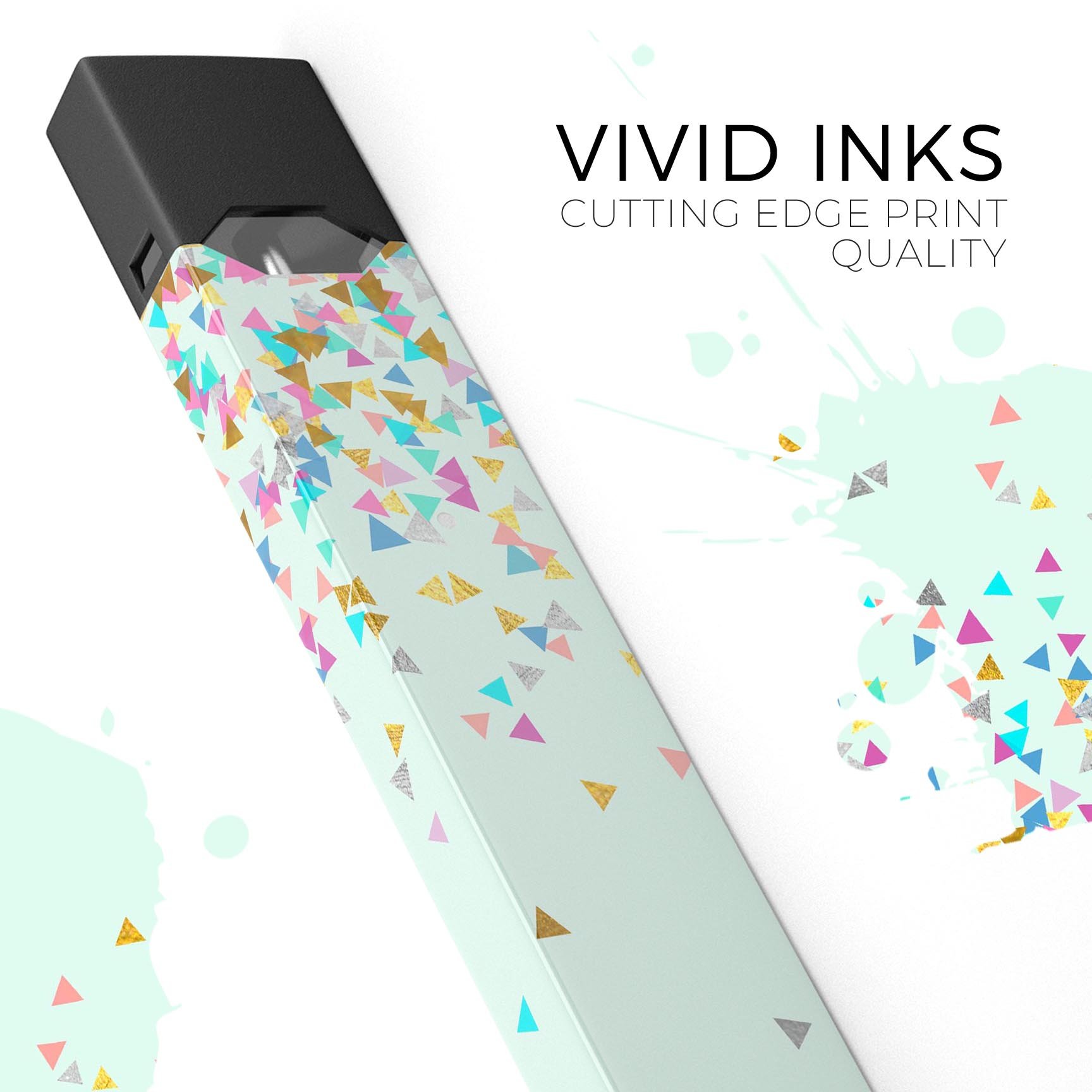 Colorful Falling Triangles decal on a mint background, designed for JUUL vaping device protection and personalization.