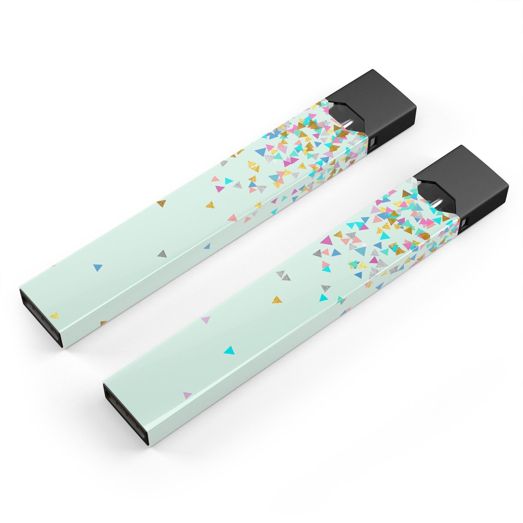 Colorful Falling Triangles decal on a mint background, designed for JUUL vaping device protection and personalization.