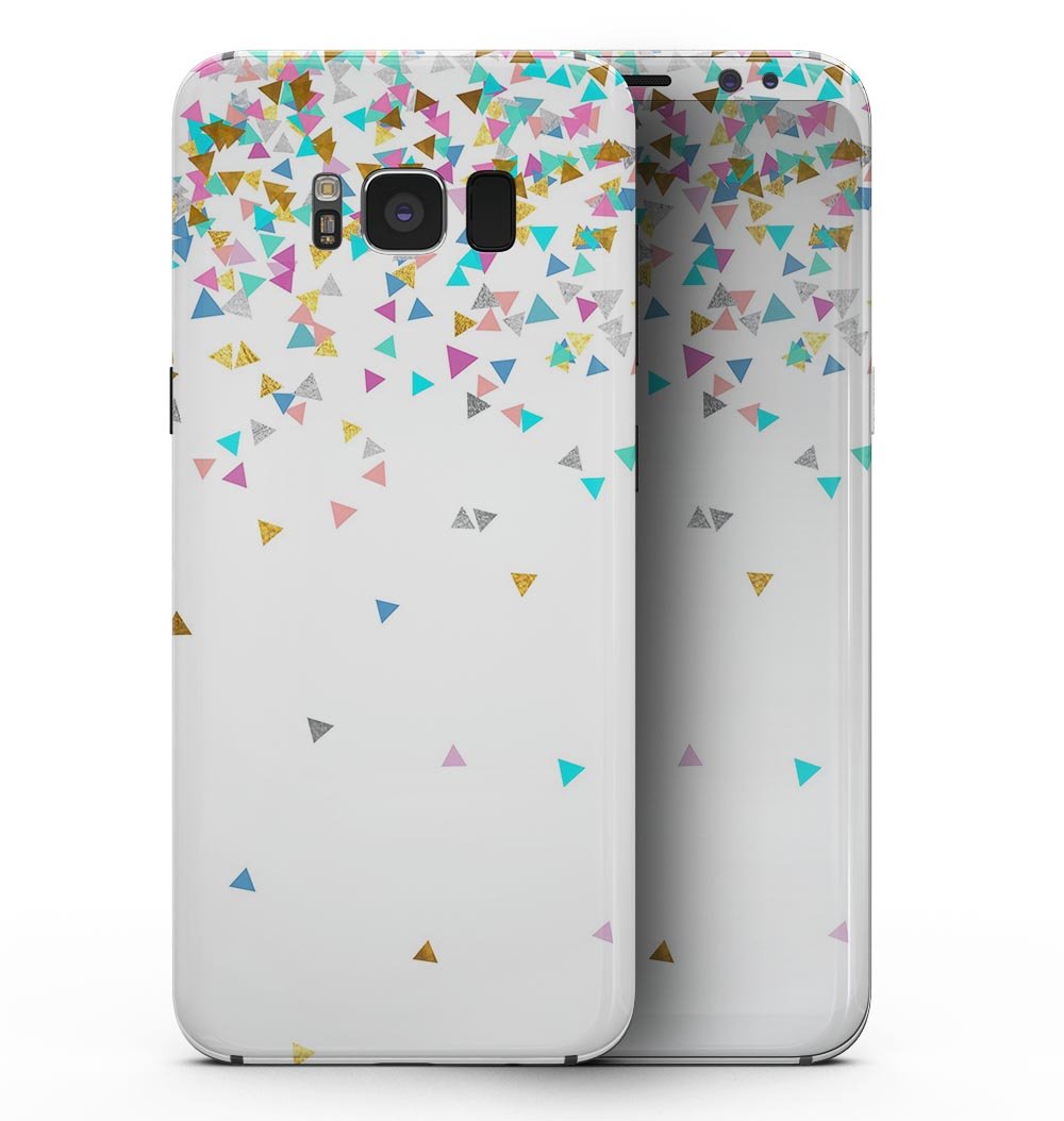 Colorful Falling Triangles skin kit for Samsung Galaxy S8, showcasing vibrant triangle patterns on a sleek vinyl surface.