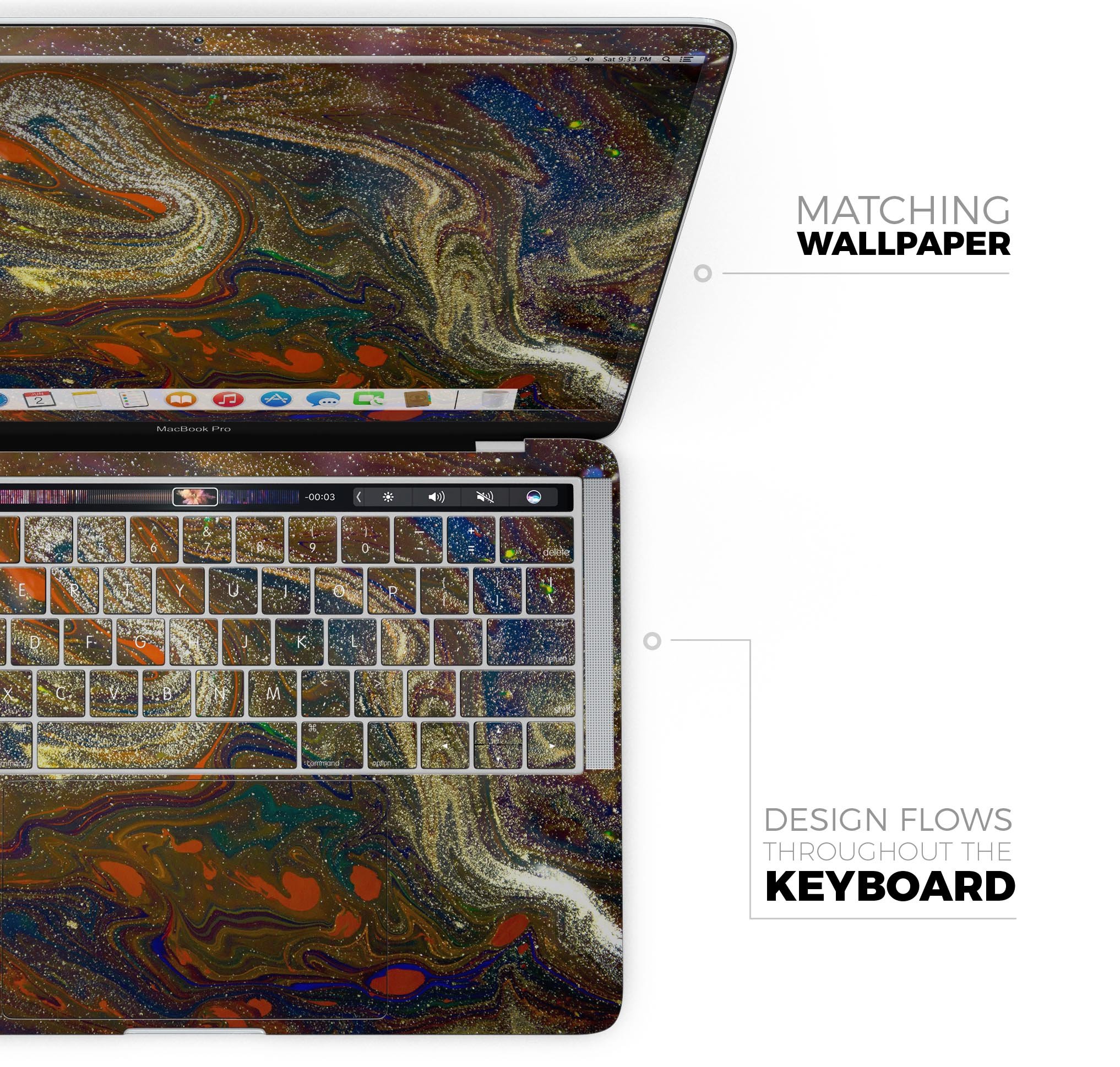 Colorful Gold Mixed Acrylic Skin Decal Wrap Kit for MacBook, showcasing vibrant design and premium vinyl material.