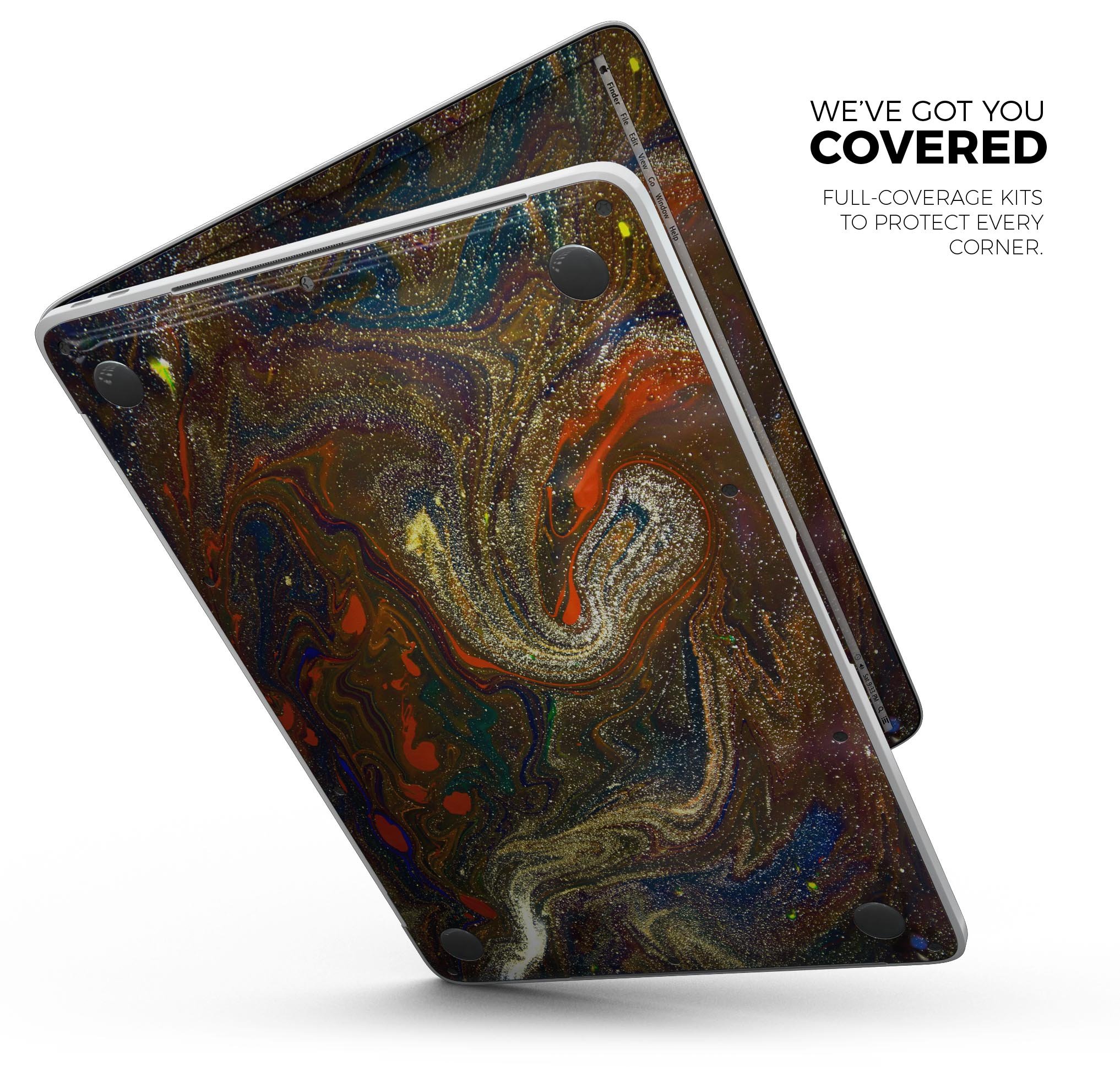 Colorful Gold Mixed Acrylic Skin Decal Wrap Kit for MacBook, showcasing vibrant design and premium vinyl material.