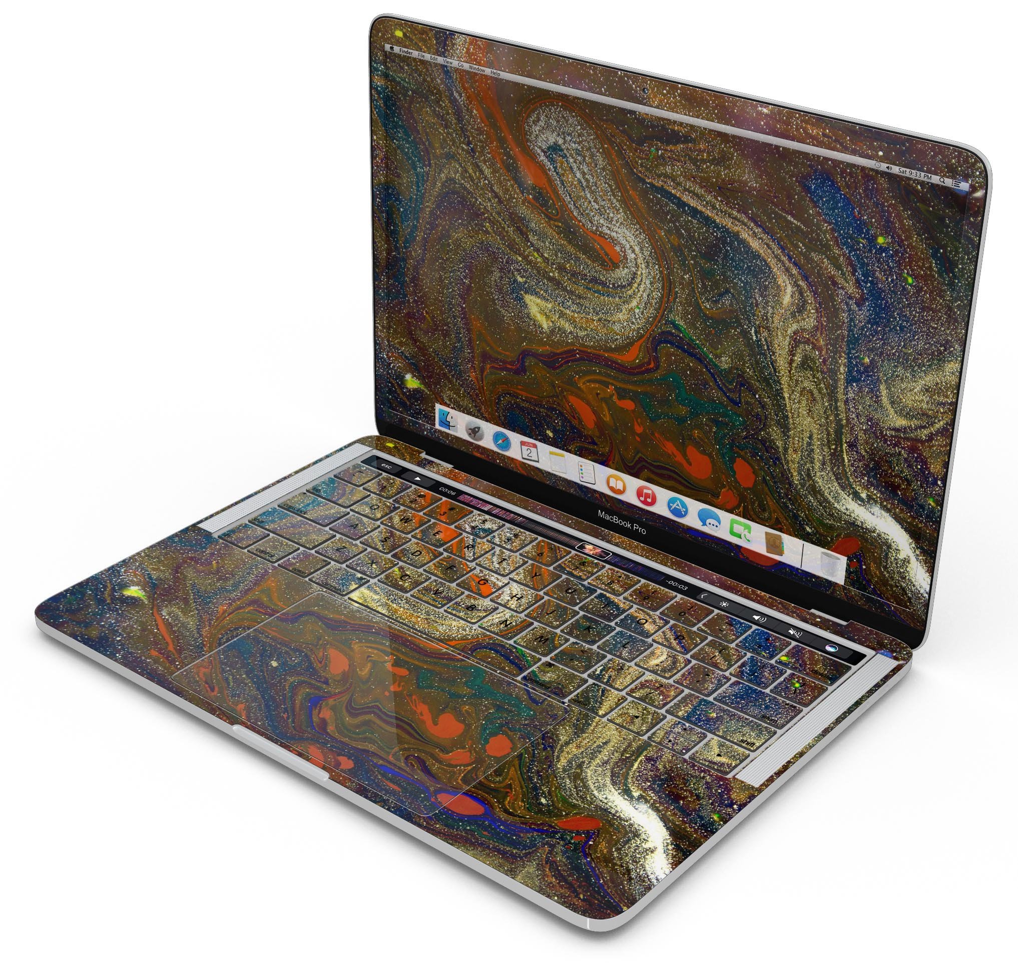 Colorful Gold Mixed Acrylic Skin Decal Wrap Kit for MacBook, showcasing vibrant design and premium vinyl material.