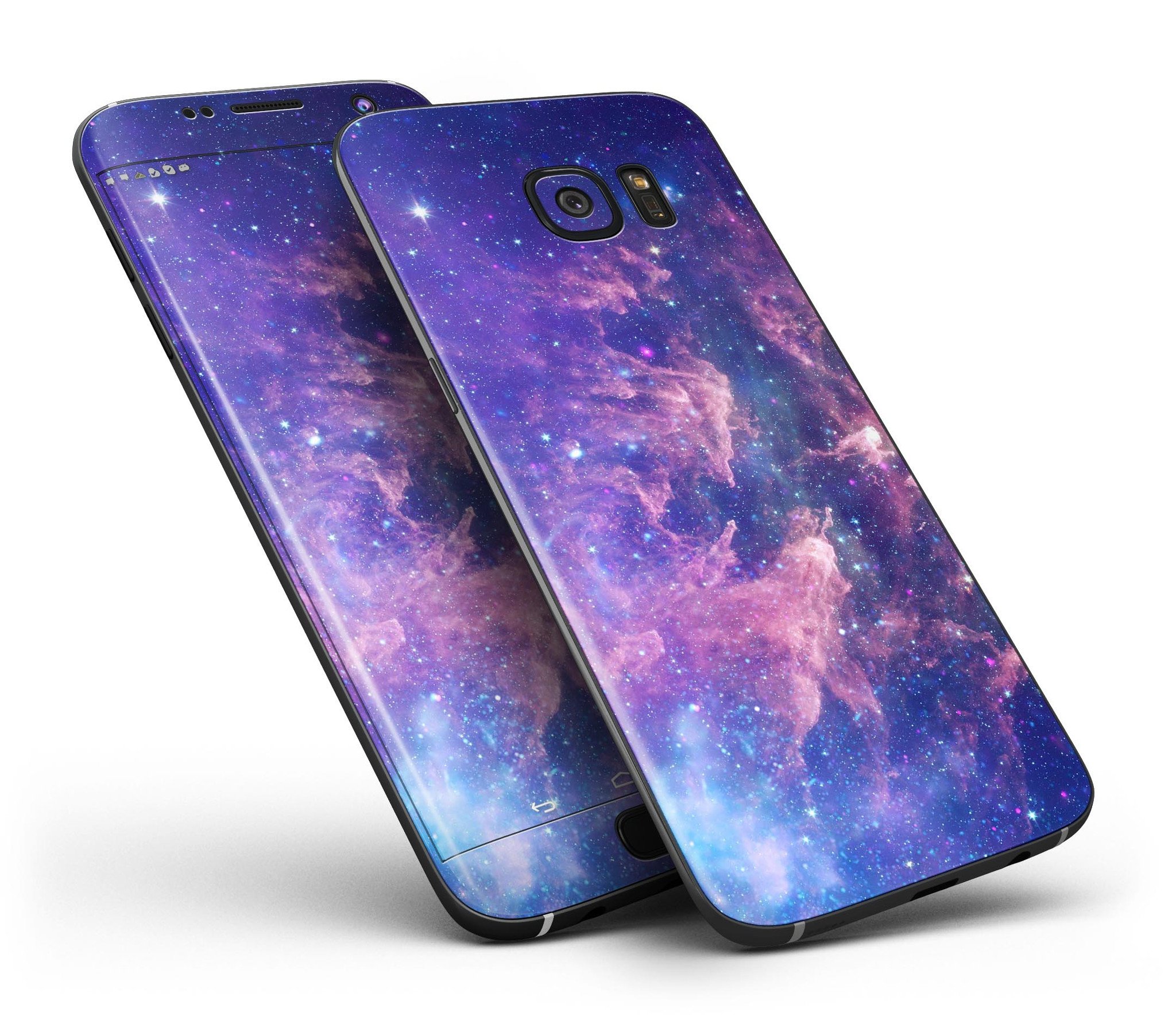 Colorful Nebula full body skin kit for Samsung Galaxy S7 and S7 Edge, showcasing vibrant nebula design and premium vinyl material.