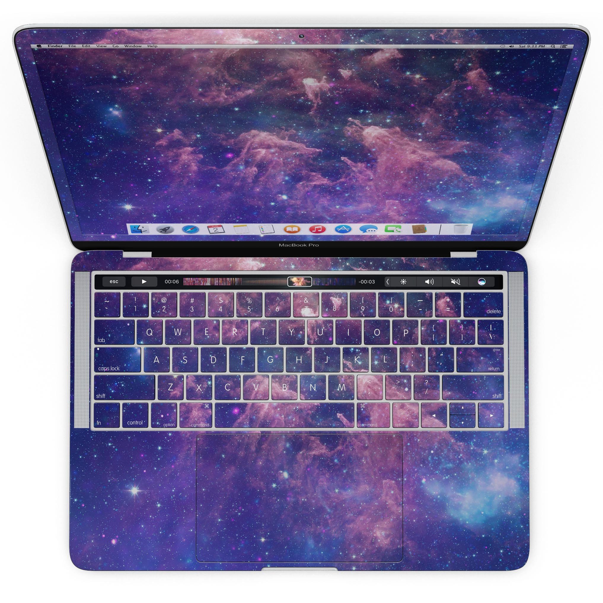 Colorful Nebula skin kit for MacBook Pro with Touch Bar, showcasing vibrant nebula design on premium vinyl.