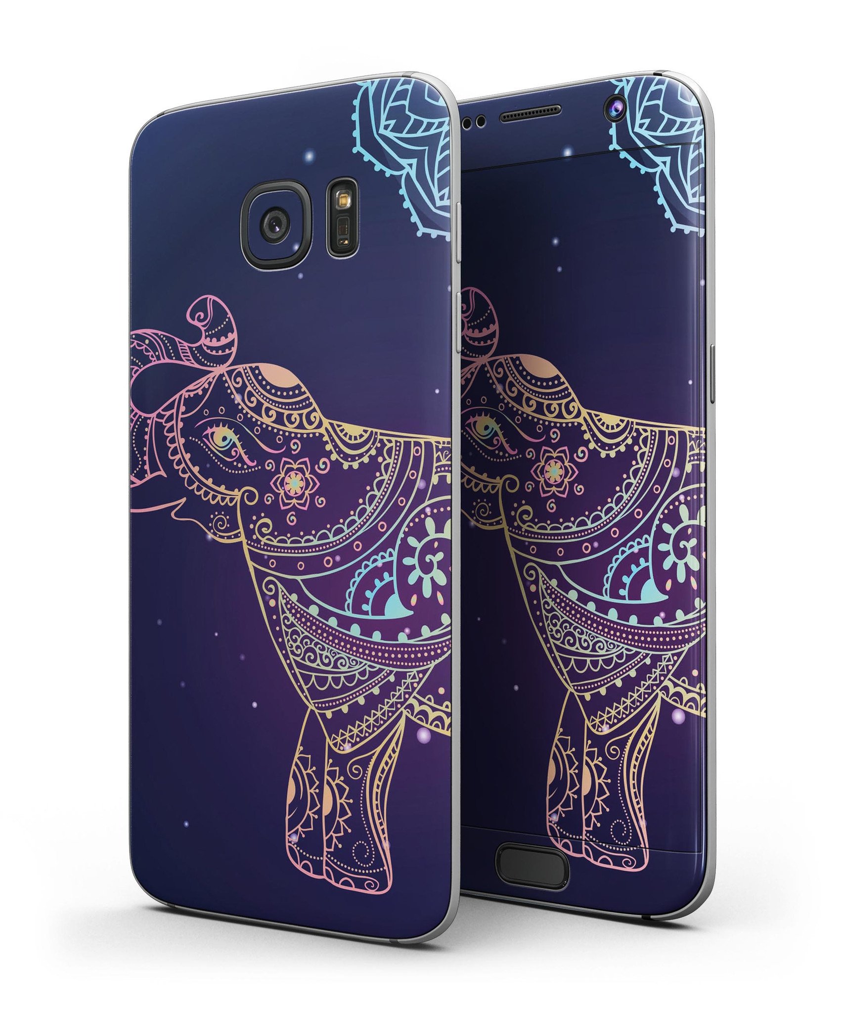 Colorful Sacred Elephant skin kit for Samsung Galaxy S7 and S7 Edge, showcasing vibrant elephant design on premium vinyl.