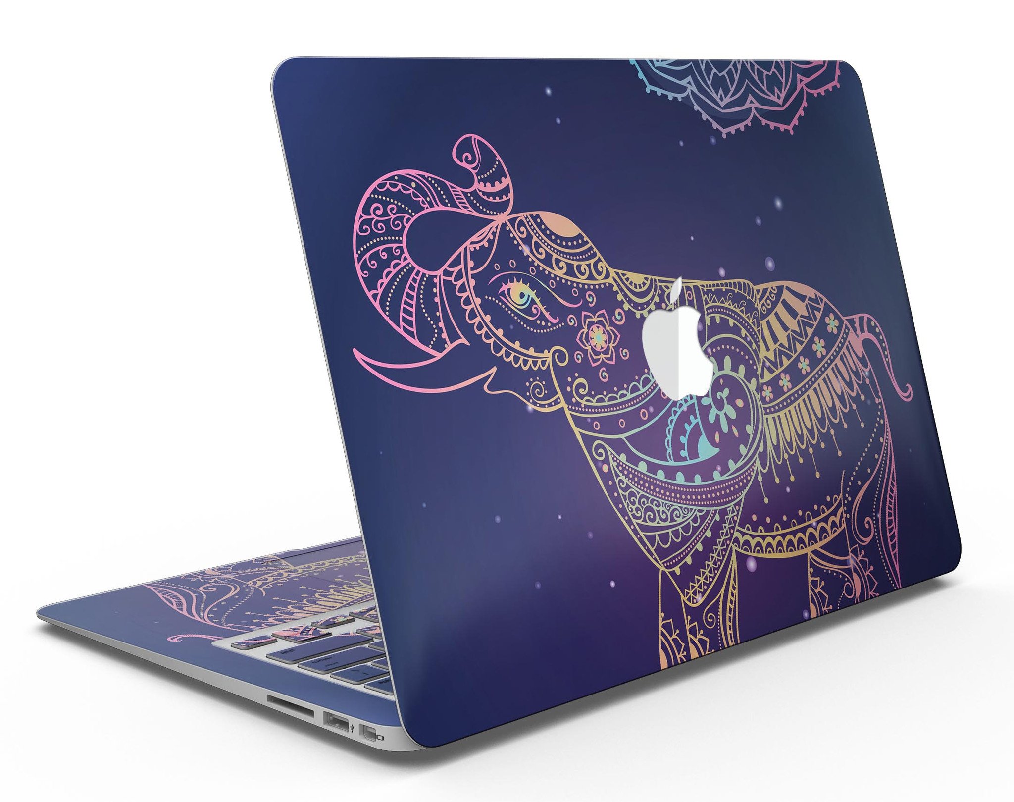 Colorful Sacred Elephant MacBook Air skin kit showcasing vibrant design and premium vinyl material.