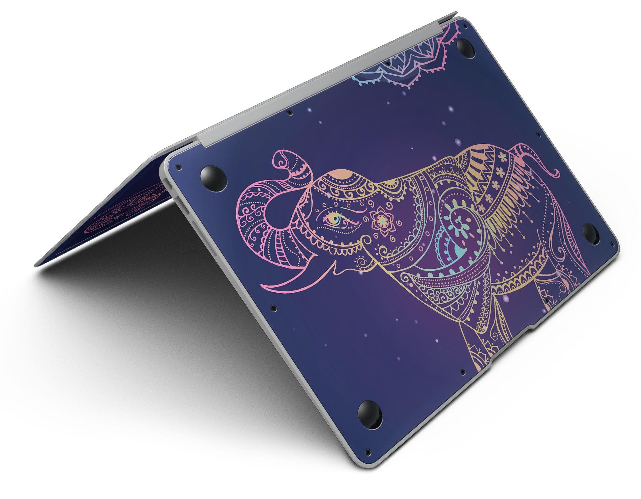 Colorful Sacred Elephant MacBook Air skin kit showcasing vibrant design and premium vinyl material.