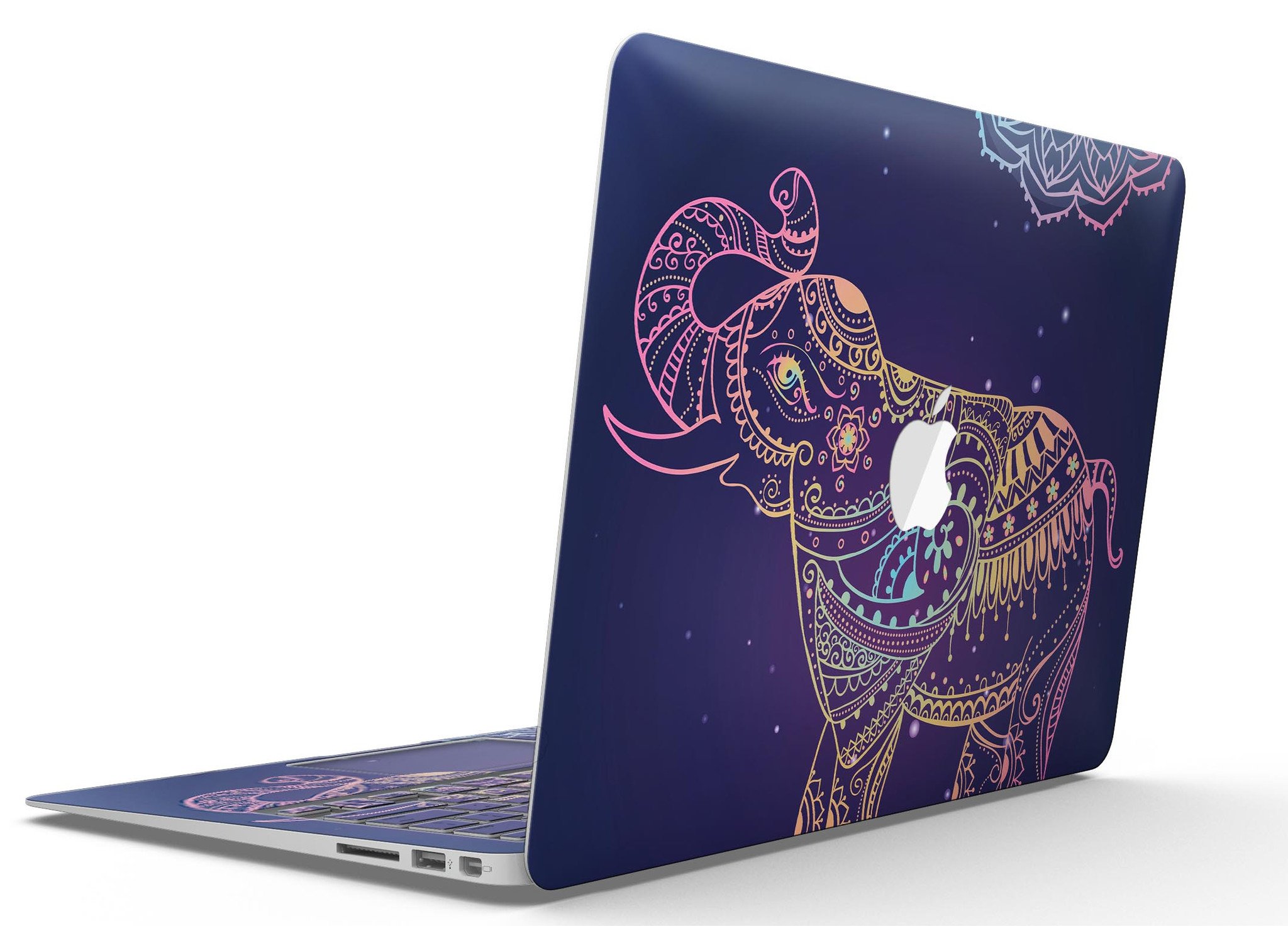 Colorful Sacred Elephant MacBook Air skin kit showcasing vibrant design and premium vinyl material.