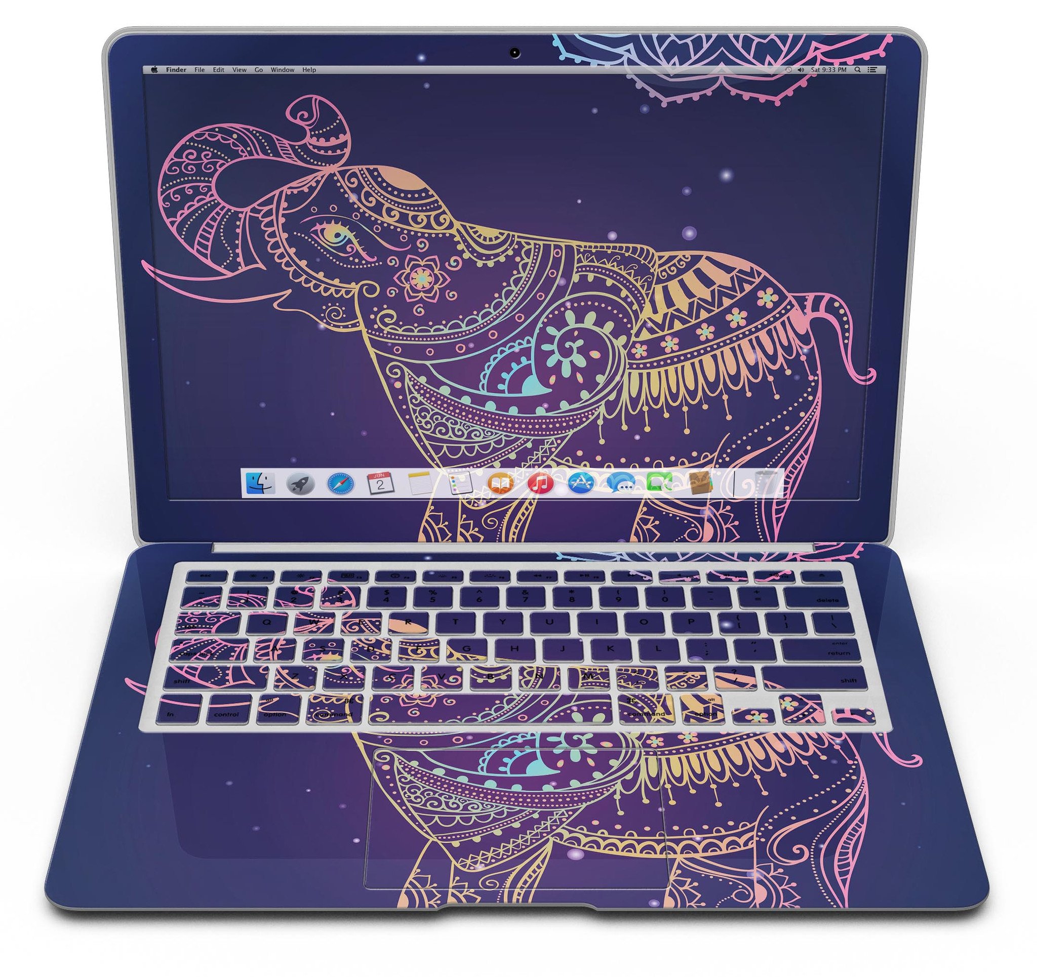 Colorful Sacred Elephant MacBook Air skin kit showcasing vibrant design and premium vinyl material.