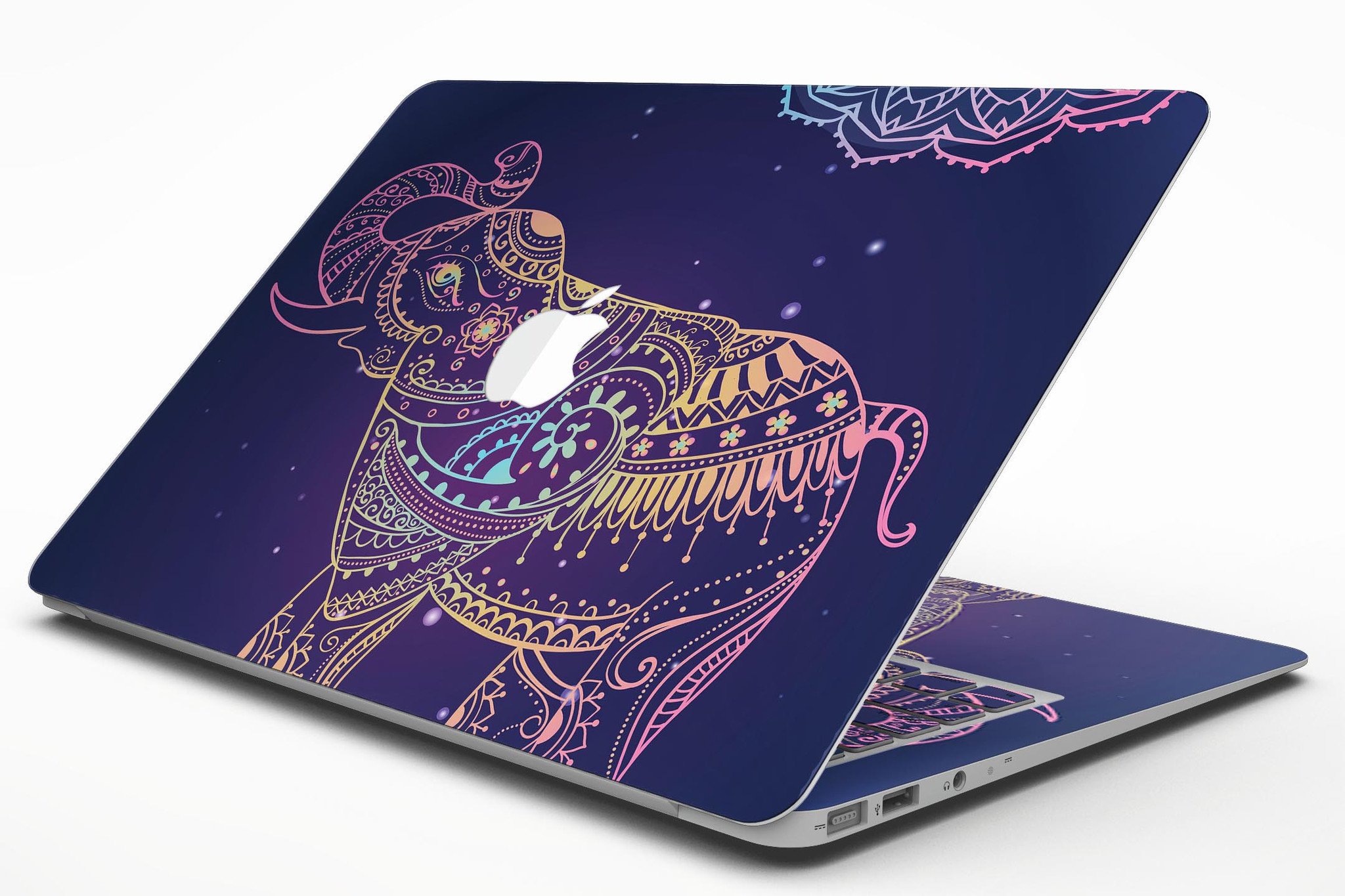 Colorful Sacred Elephant MacBook Air skin kit showcasing vibrant design and premium vinyl material.