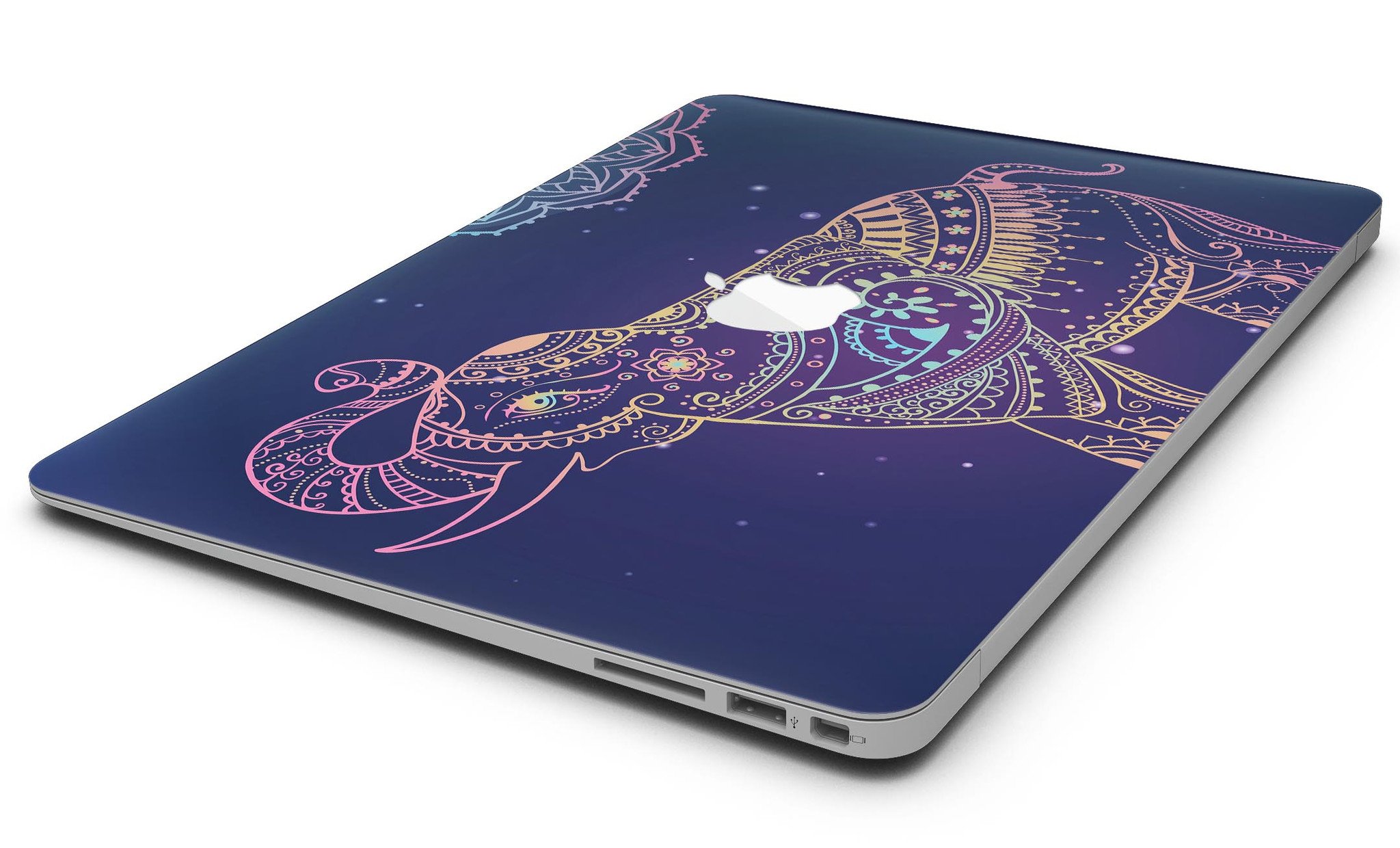 Colorful Sacred Elephant MacBook Air skin kit showcasing vibrant design and premium vinyl material.