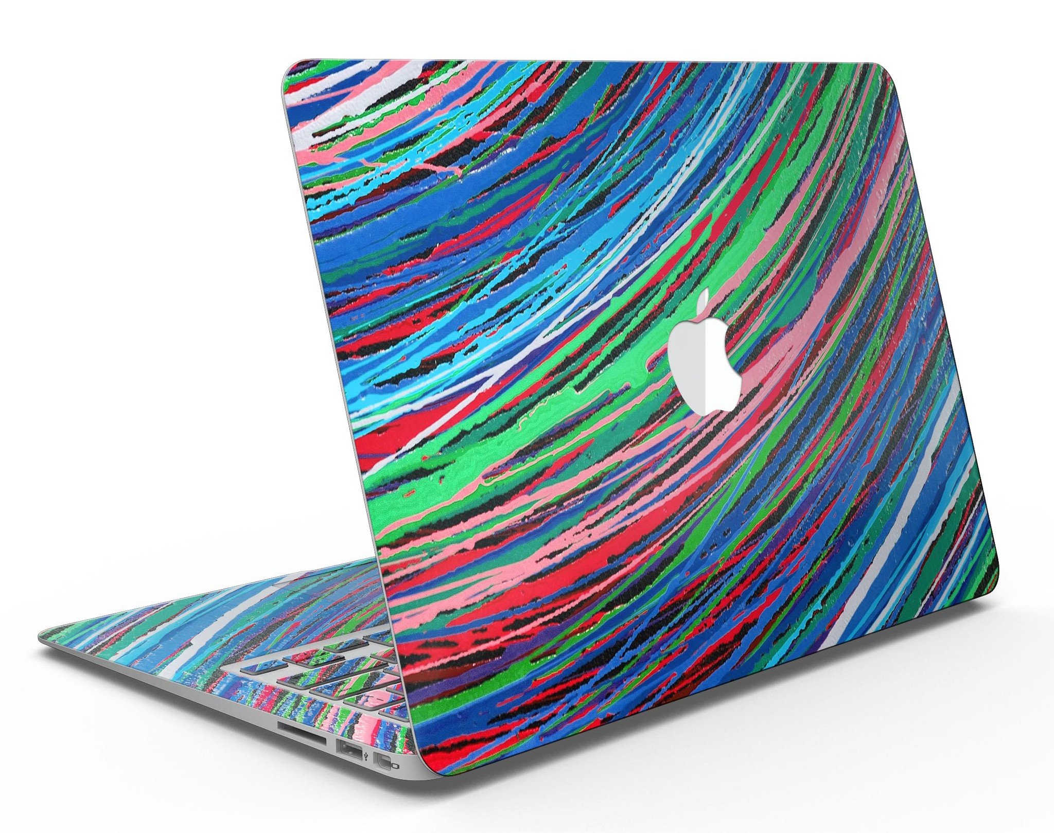 Colorful Strokes MacBook Air Skin Kit showcasing vibrant designs and textures on a sleek MacBook Air.