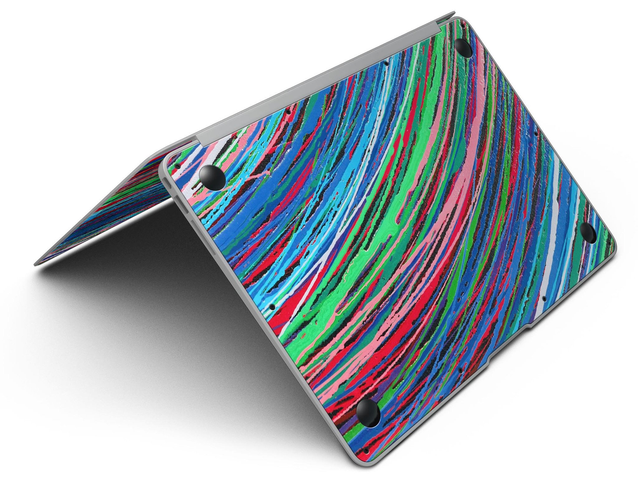 Colorful Strokes MacBook Air Skin Kit showcasing vibrant designs and textures on a sleek MacBook Air.