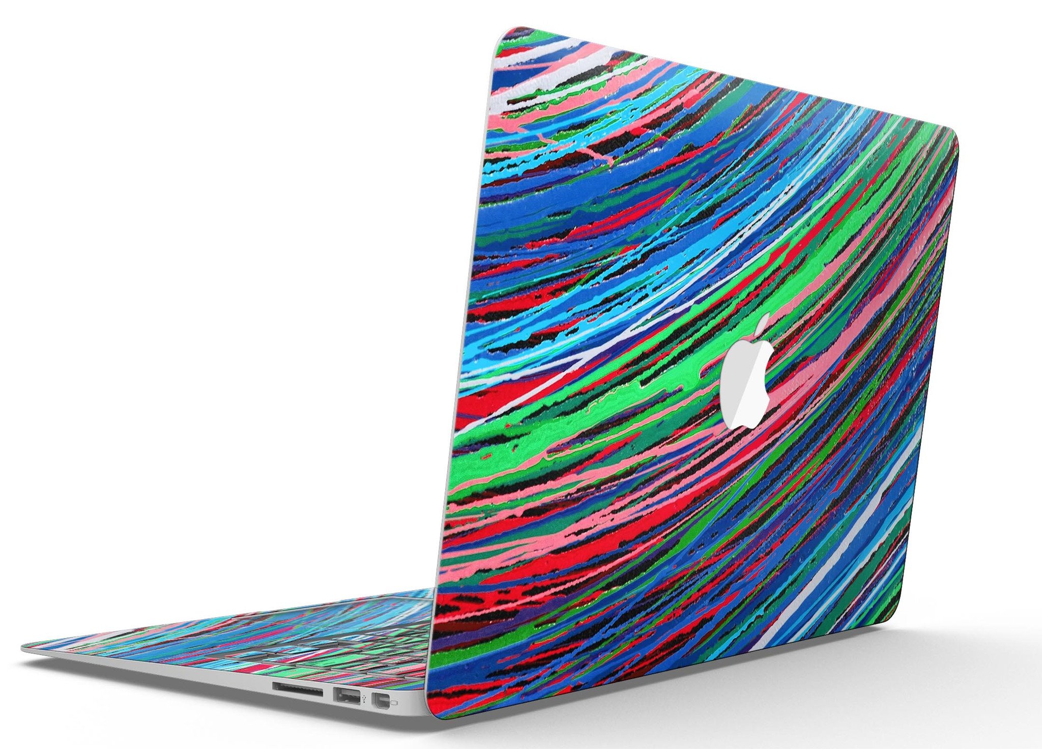 Colorful Strokes MacBook Air Skin Kit showcasing vibrant designs and textures on a sleek MacBook Air.