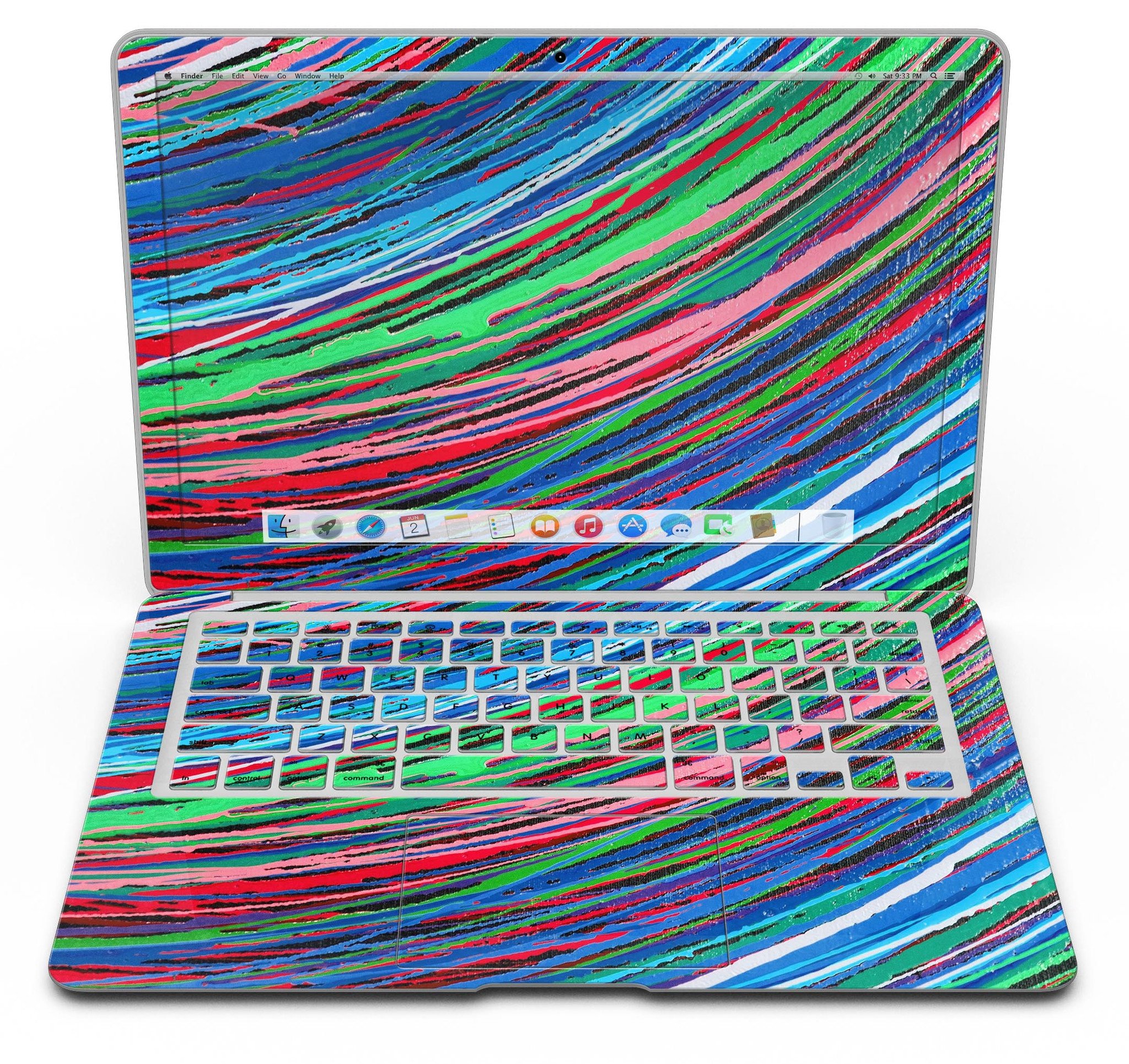 Colorful Strokes MacBook Air Skin Kit showcasing vibrant designs and textures on a sleek MacBook Air.