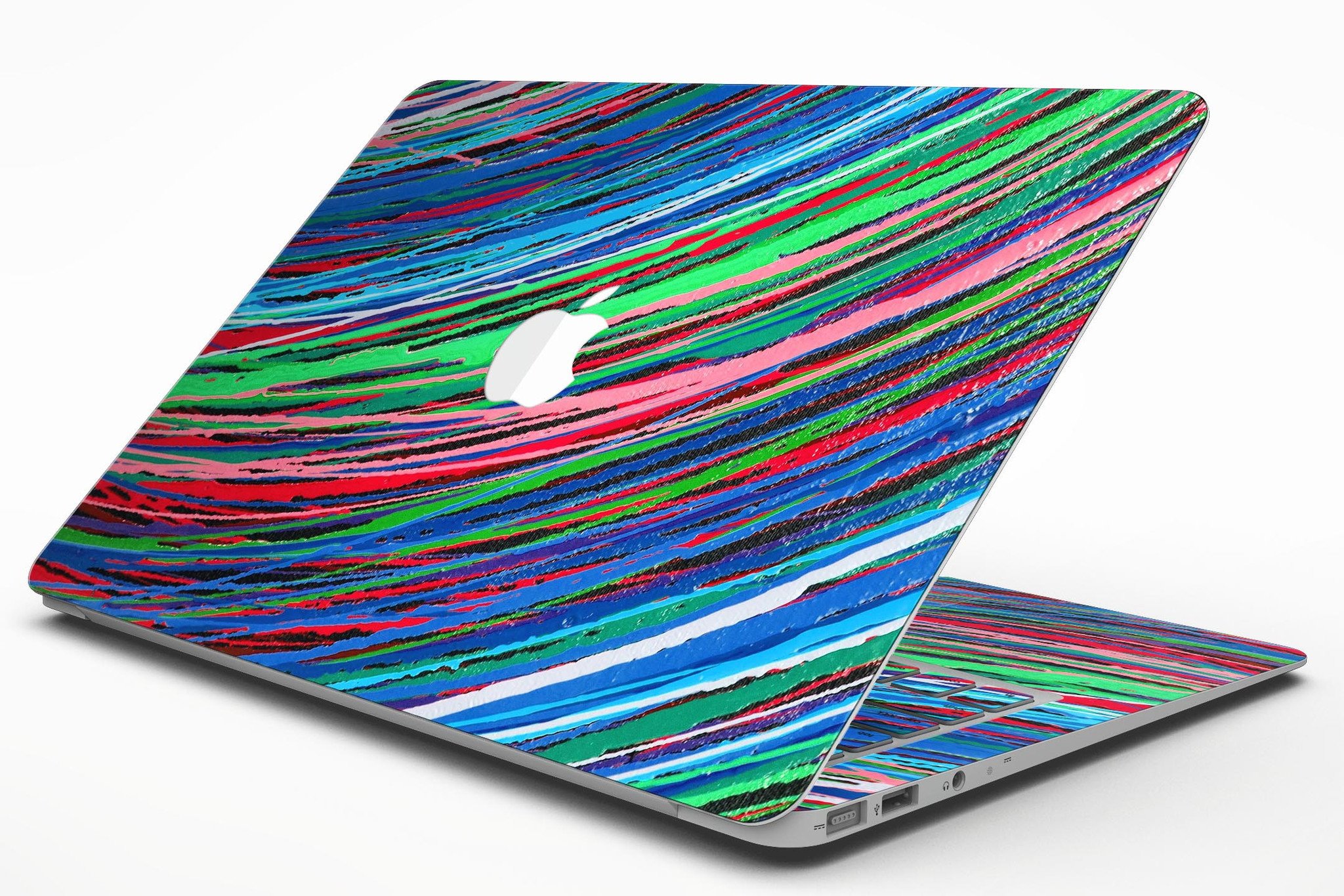 Colorful Strokes MacBook Air Skin Kit showcasing vibrant designs and textures on a sleek MacBook Air.