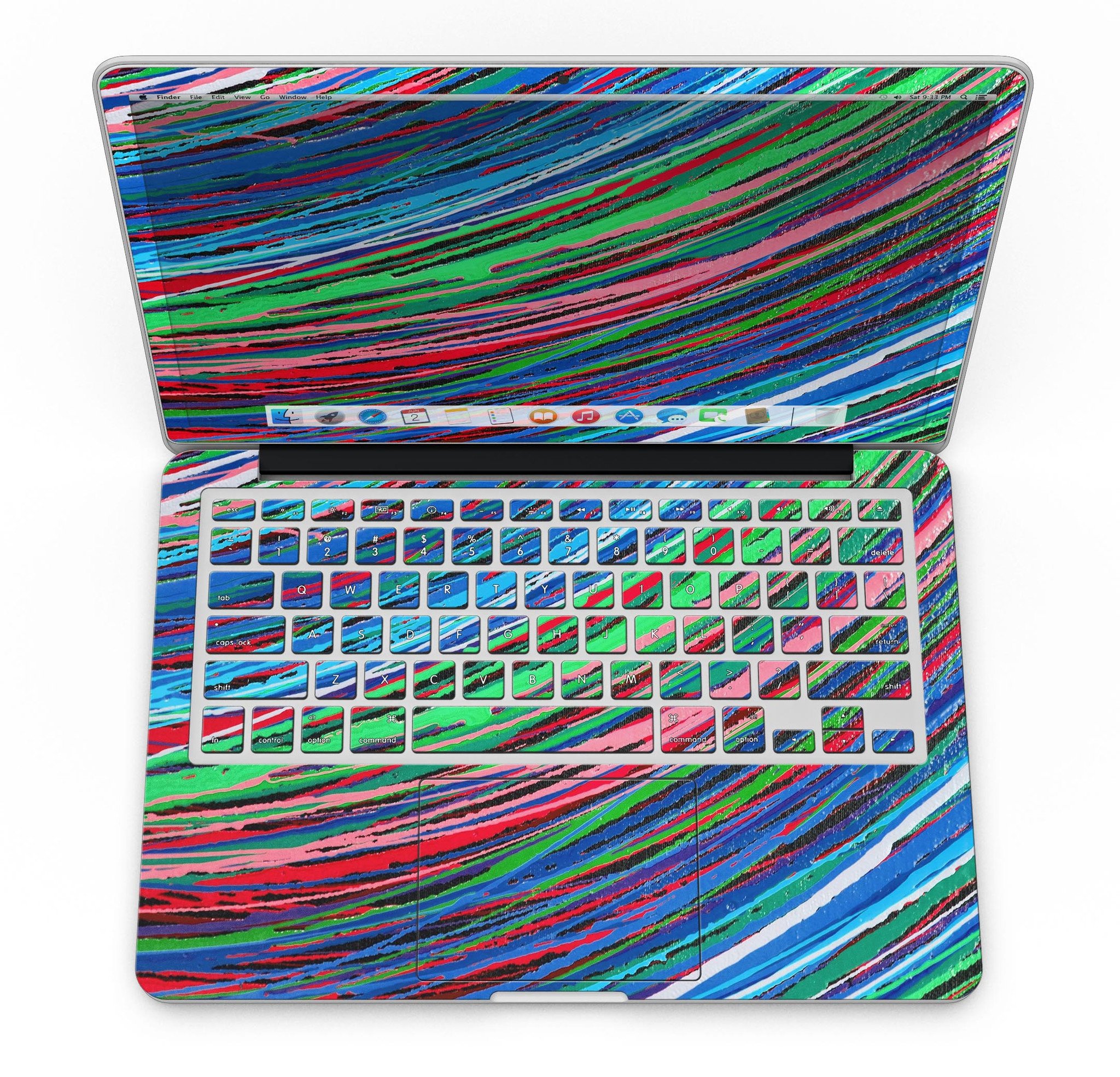 Colorful Strokes full-coverage skin for MacBook Pro with Retina Display, showcasing vibrant designs and a perfect fit.