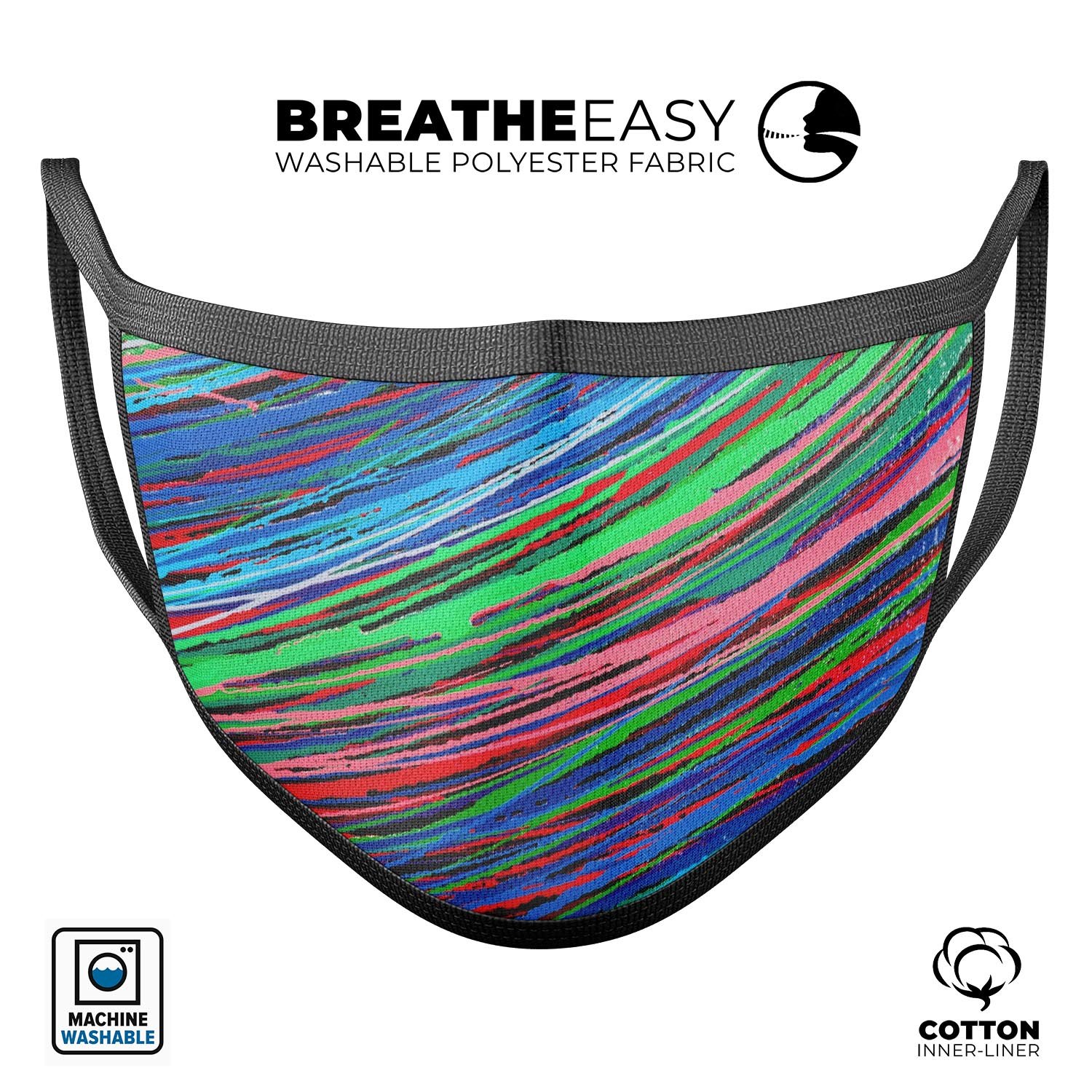 Colorful Strokes mouth cover made of cotton, featuring adjustable ear loops and vibrant dye-sublimated designs, suitable for unisex use.