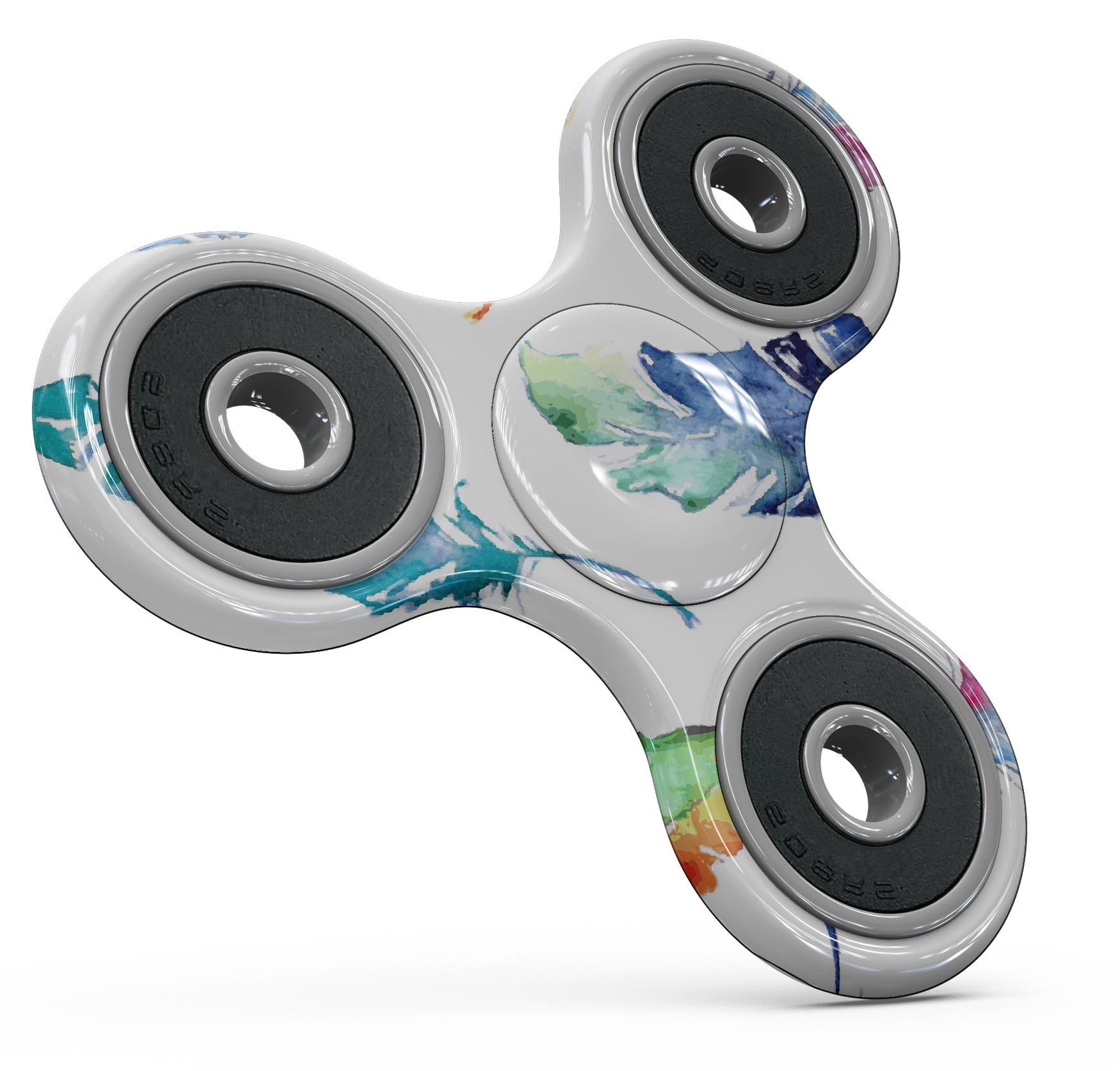 Colorful Watercolor Feathers Skin-Kit for fidget spinner, showcasing vibrant feather patterns on a premium vinyl material.