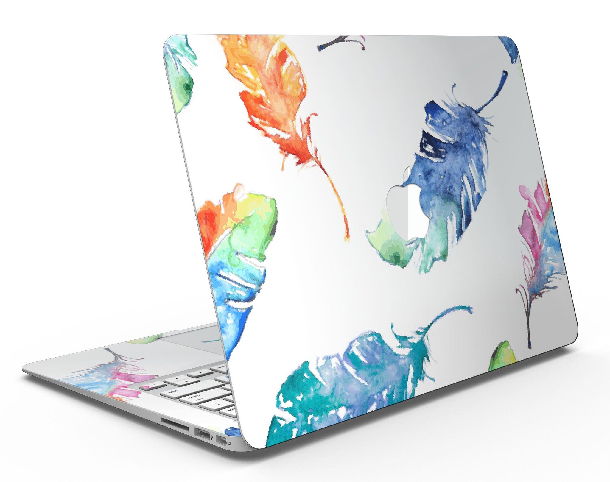 Colorful Watercolor Feathers skin applied to a MacBook Air, showcasing vibrant feather designs and a sleek finish.