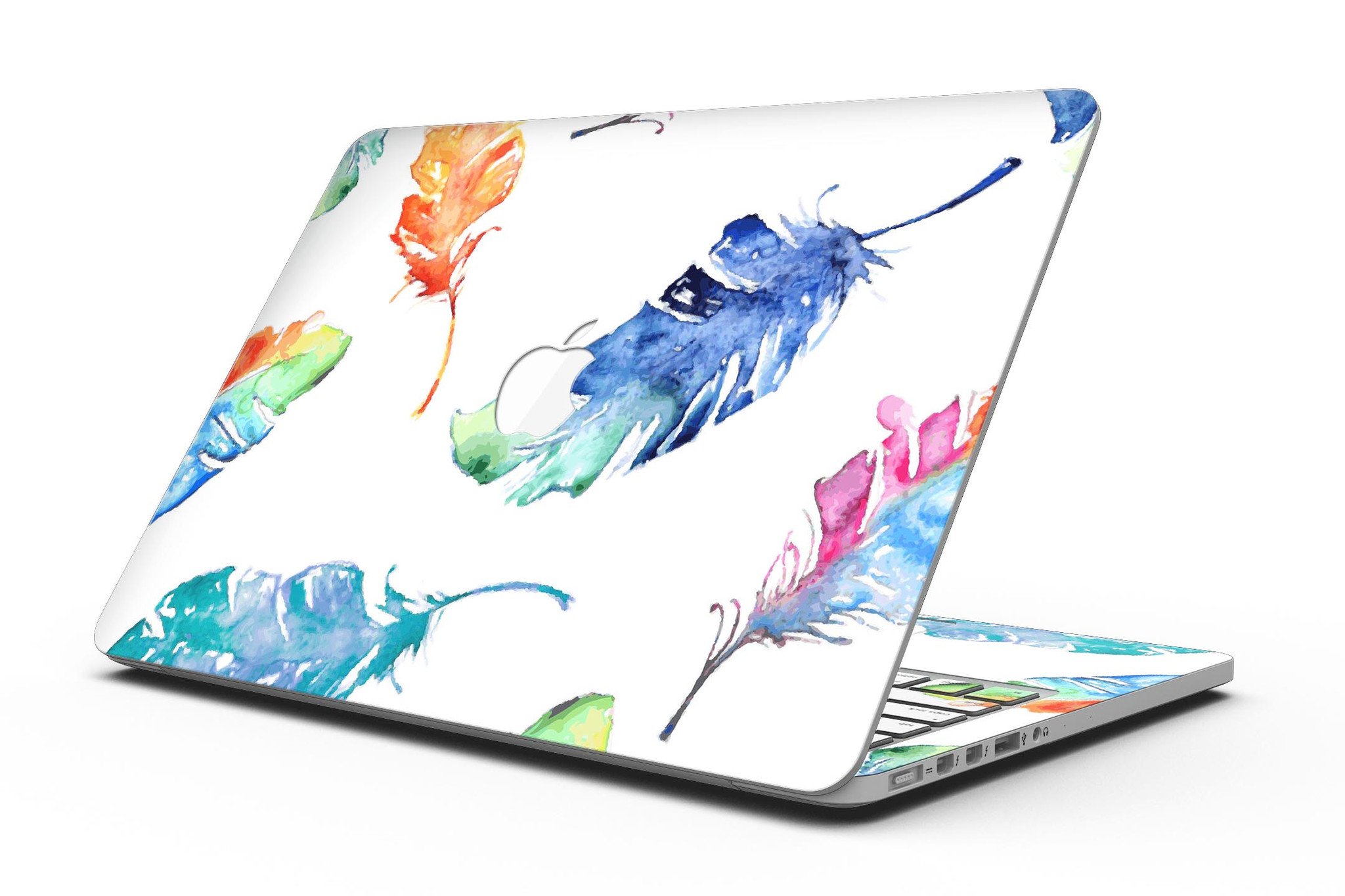 Colorful watercolor feathers skin for MacBook Pro with Retina Display, showcasing vibrant colors and intricate feather designs.