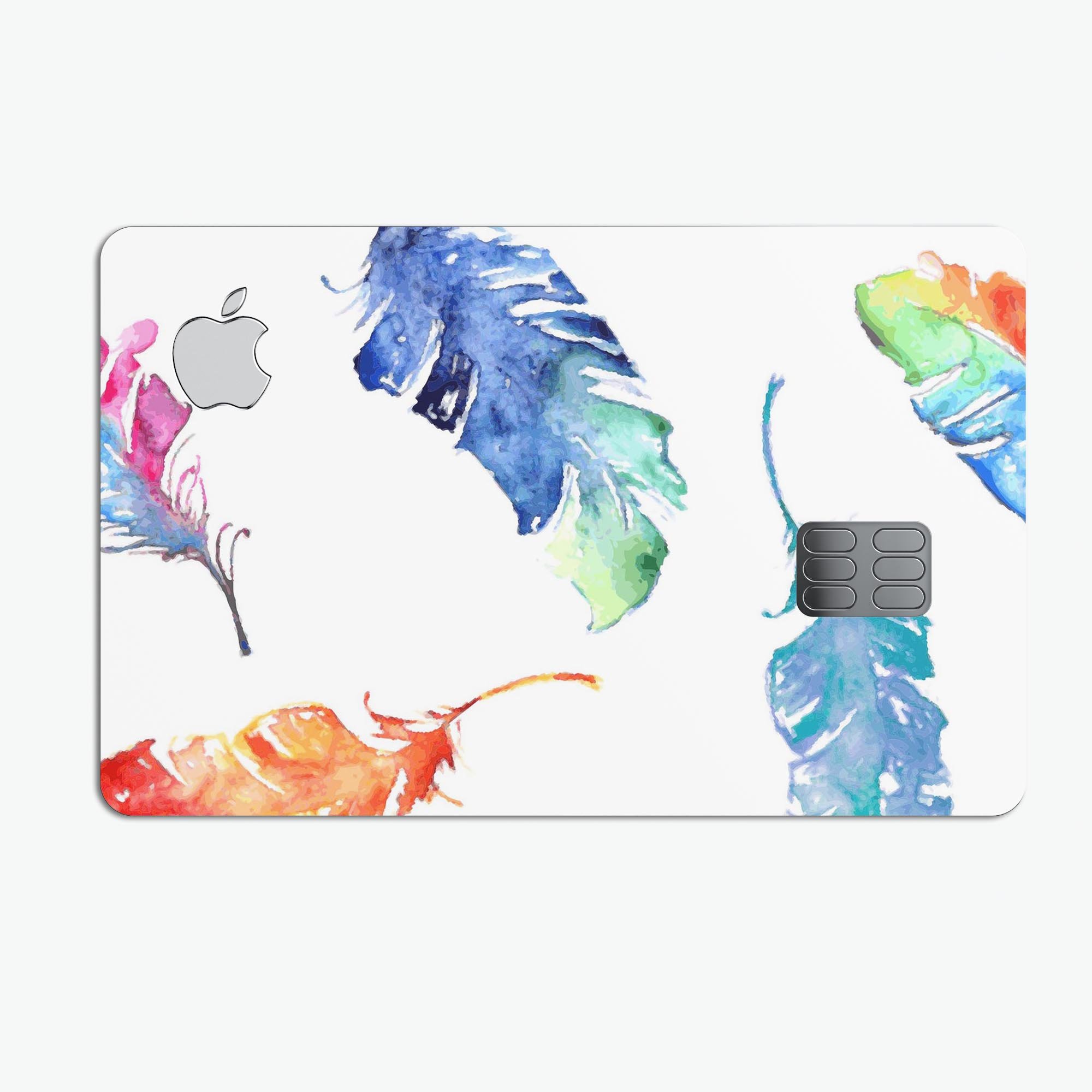 Colorful Watercolor Feathers decal skin for Apple Card, showcasing vibrant feather designs on a protective vinyl layer.