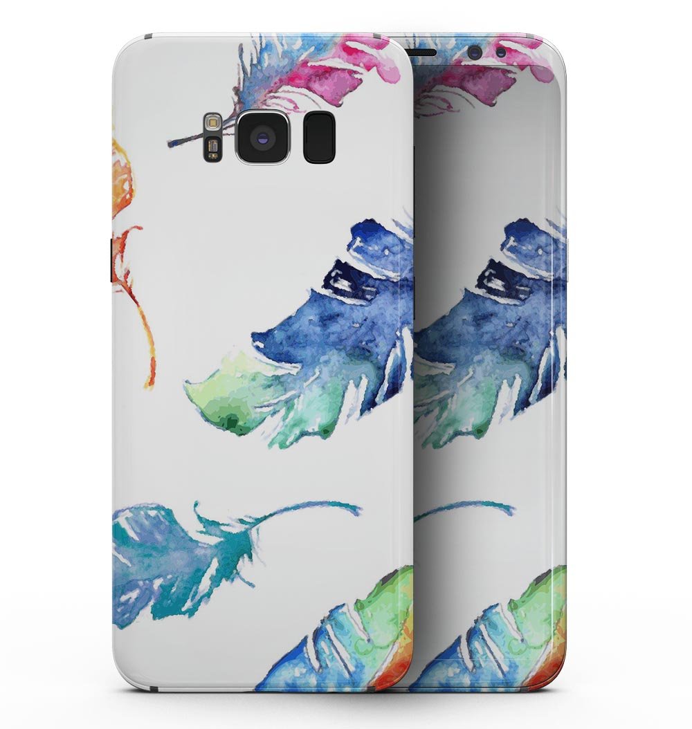 Colorful Watercolor Feathers skin for Samsung Galaxy S8, showcasing vibrant feather patterns on a sleek device.