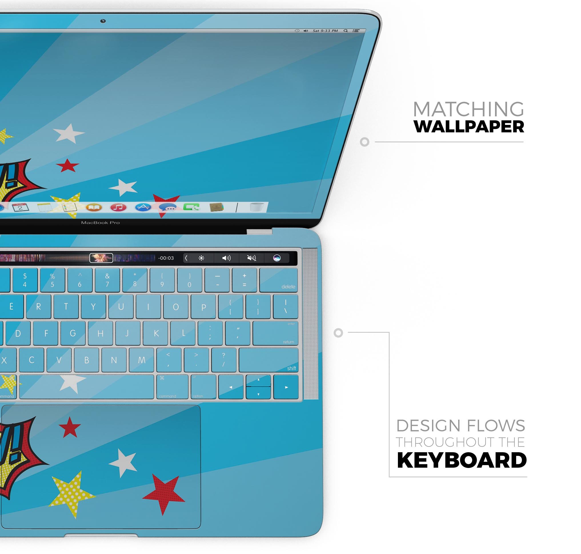 Comic Book Actions V5 Skin Decal Wrap Kit for Apple MacBook, showcasing vibrant comic book design and premium vinyl material.