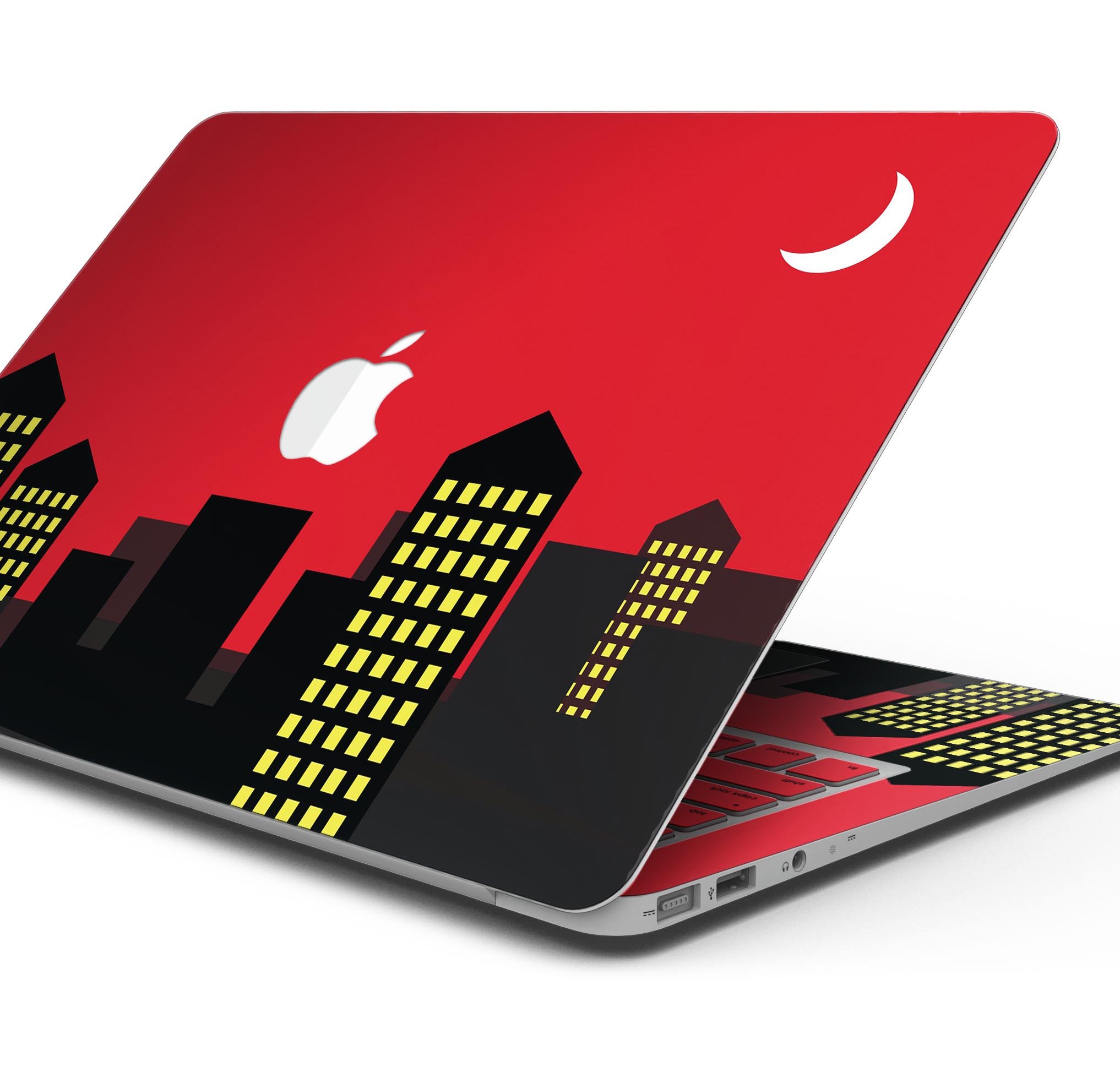 Comic Book City Red Skin Decal Wrap Kit for Apple MacBook, showcasing vibrant comic book design and premium vinyl material.