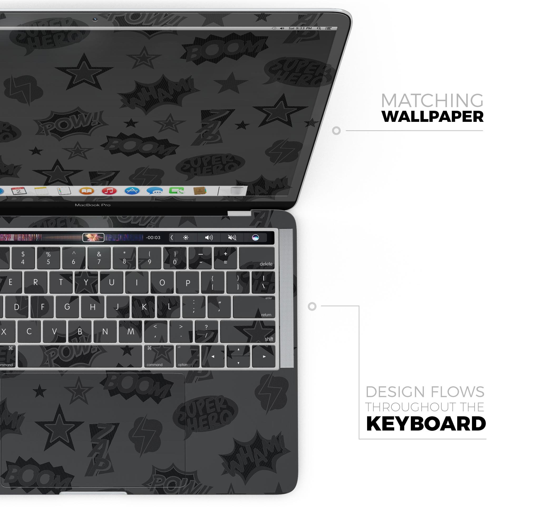 Stylish Comic Series vinyl skin on a MacBook Pro, showcasing vibrant comic book graphics.