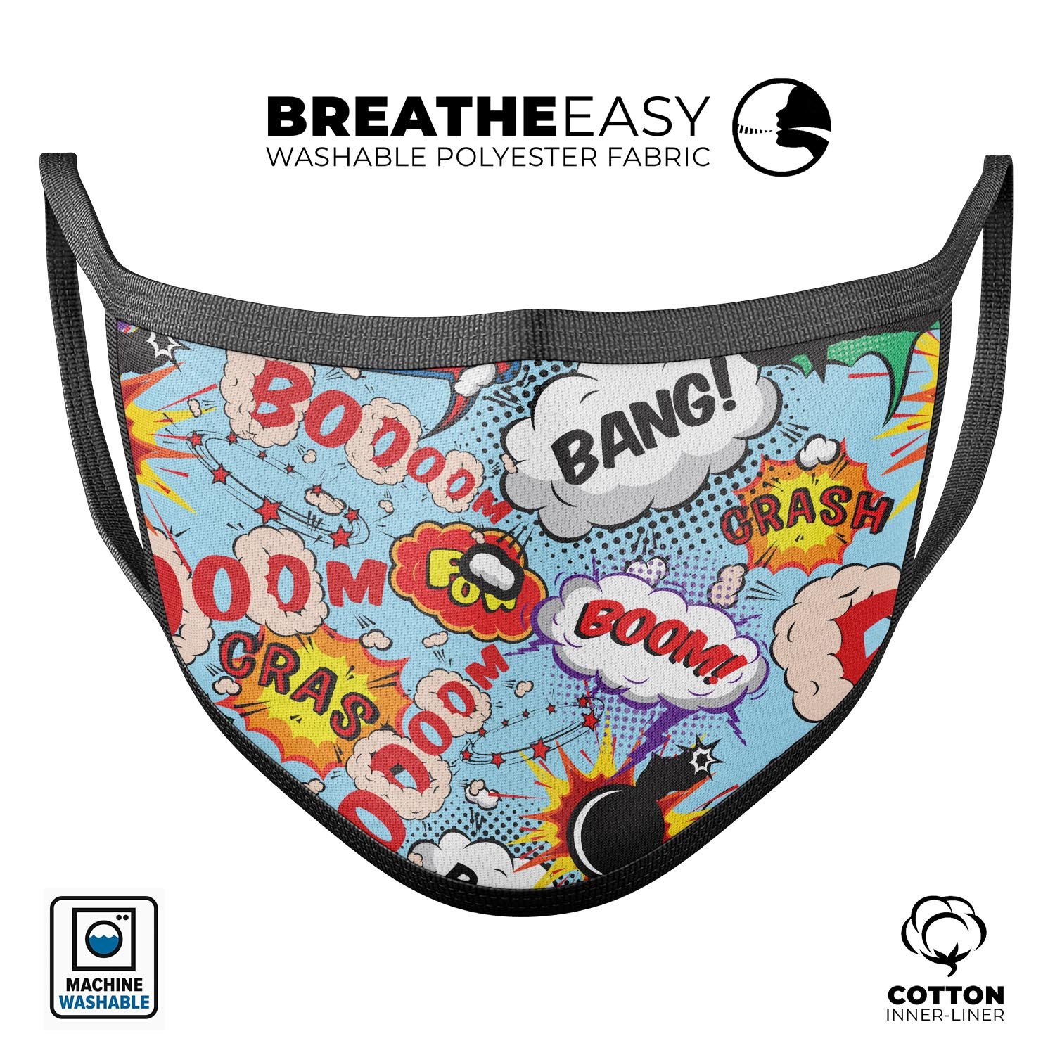 Comic Speech Bubbles V1 mouth cover, featuring vibrant designs, adjustable ear loops, and a soft cotton interior, made in the USA.