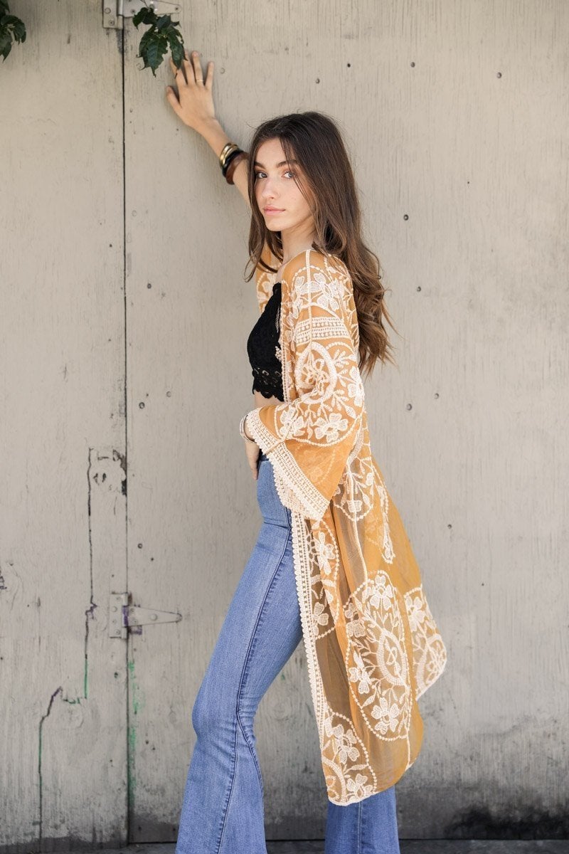 A lightweight embroidered kimono featuring contrast mesh and lace details, perfect for a boho-chic style in spring and summer.