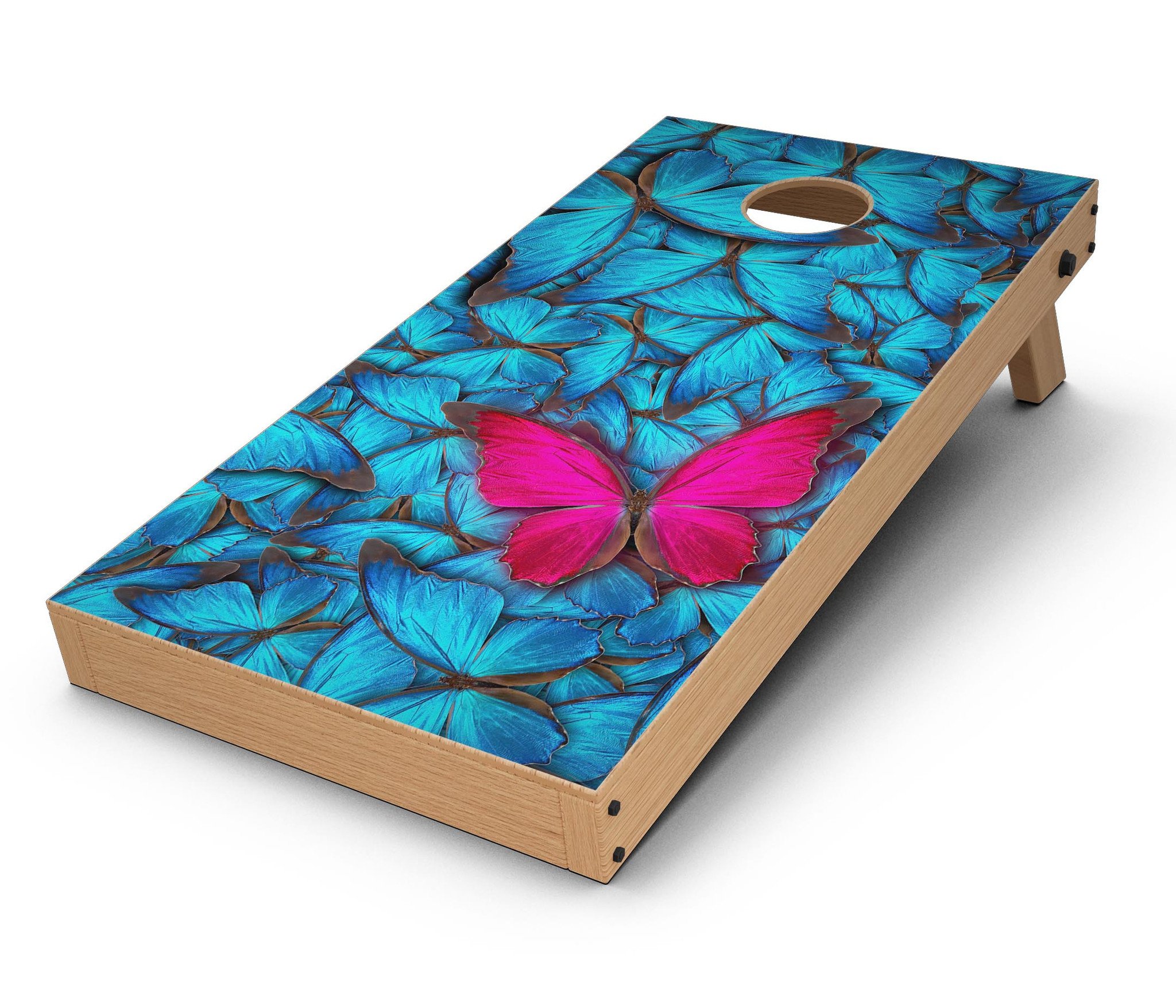 Contrasting Butterfly CornHole Board Skin Decal Kit showcasing vibrant butterfly design on a Cornhole board.