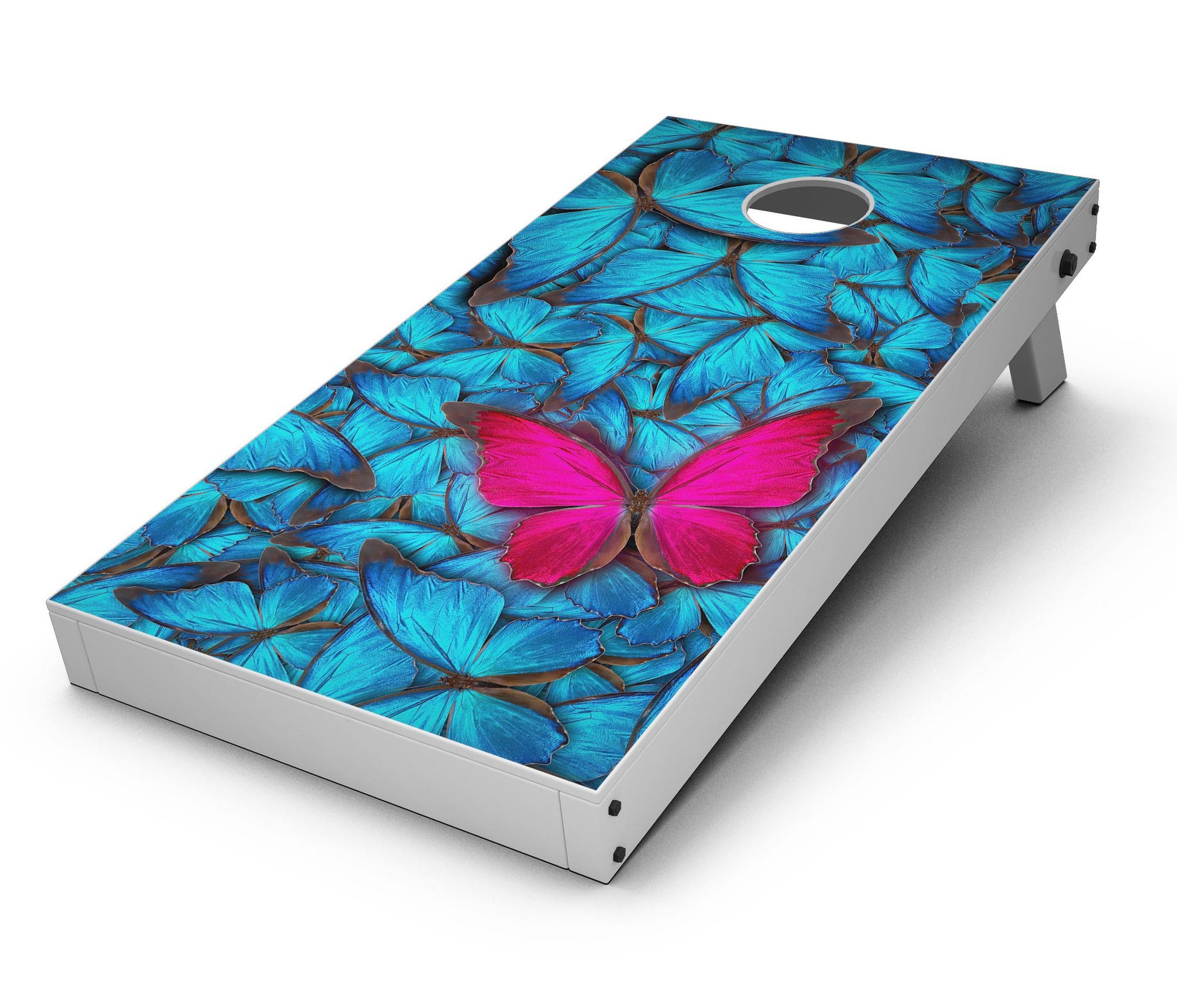 Contrasting Butterfly CornHole Board Skin Decal Kit showcasing vibrant butterfly design on a Cornhole board.